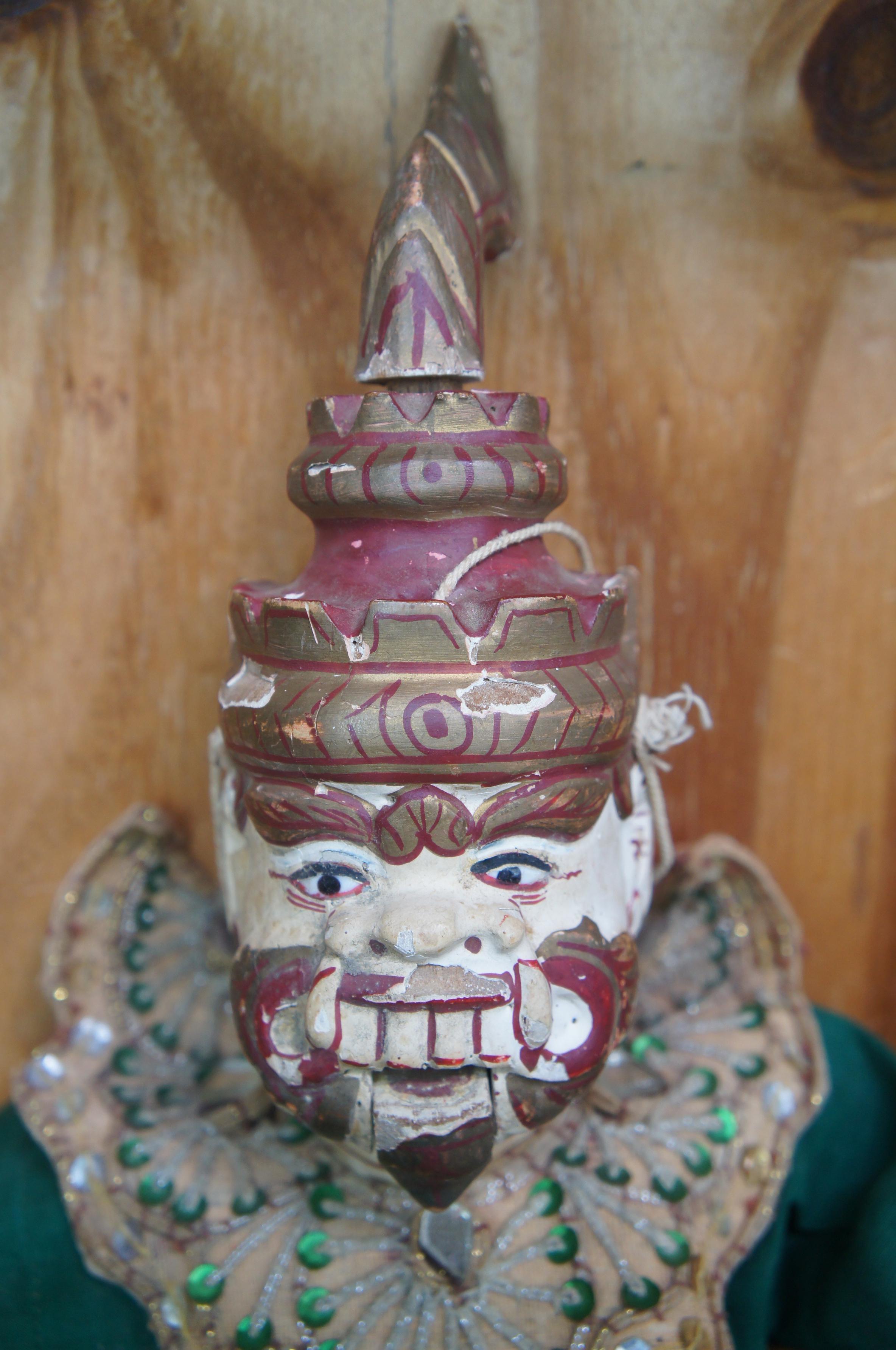 20th Century Antique Carved Thai Burmese Ramayana Warrior Folk Art Marionette Puppet Doll For Sale