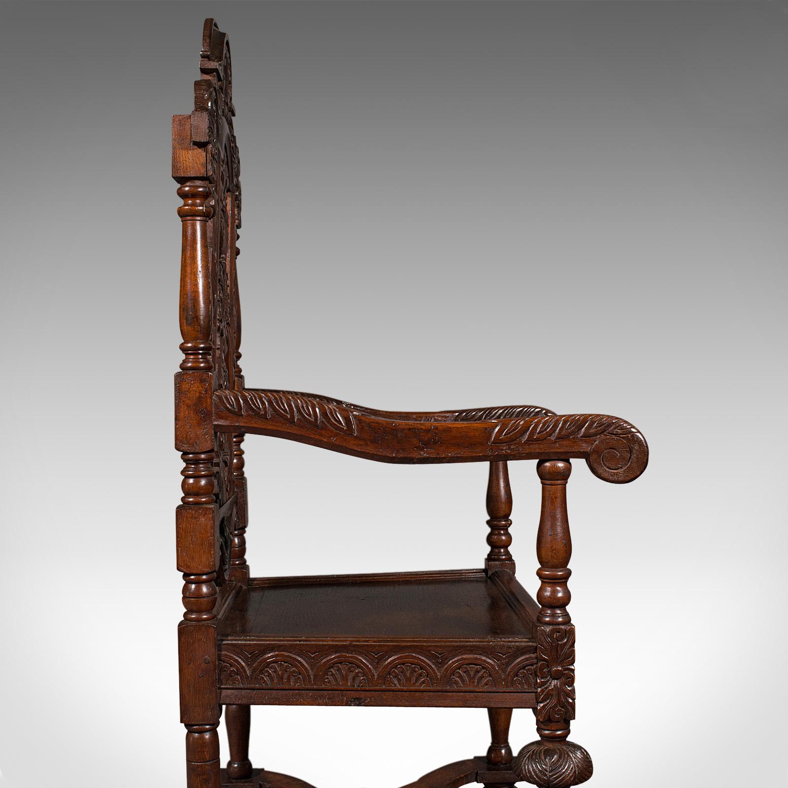 Antique Carved Throne Chair, Scottish Oak, Carver, Elbow Seat, Gothic, Victorian For Sale 3
