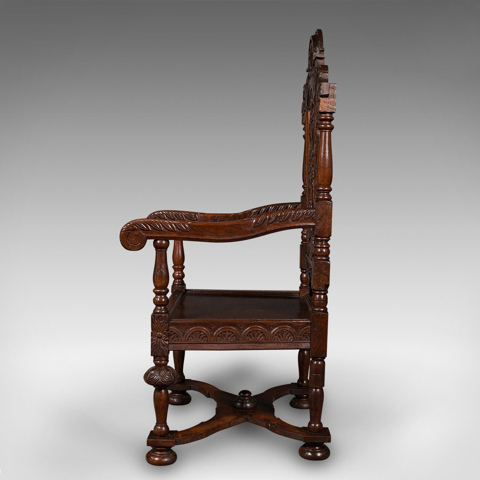Ancienne chaise trône sculptée, chêne écossais, sculptée, assise arquée, gothique, victorienne Bon état - En vente à Hele, Devon, GB