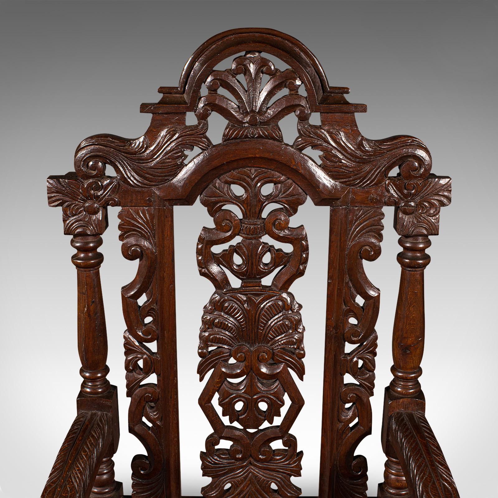 Ancienne chaise trône sculptée, chêne écossais, sculptée, assise arquée, gothique, victorienne en vente 1
