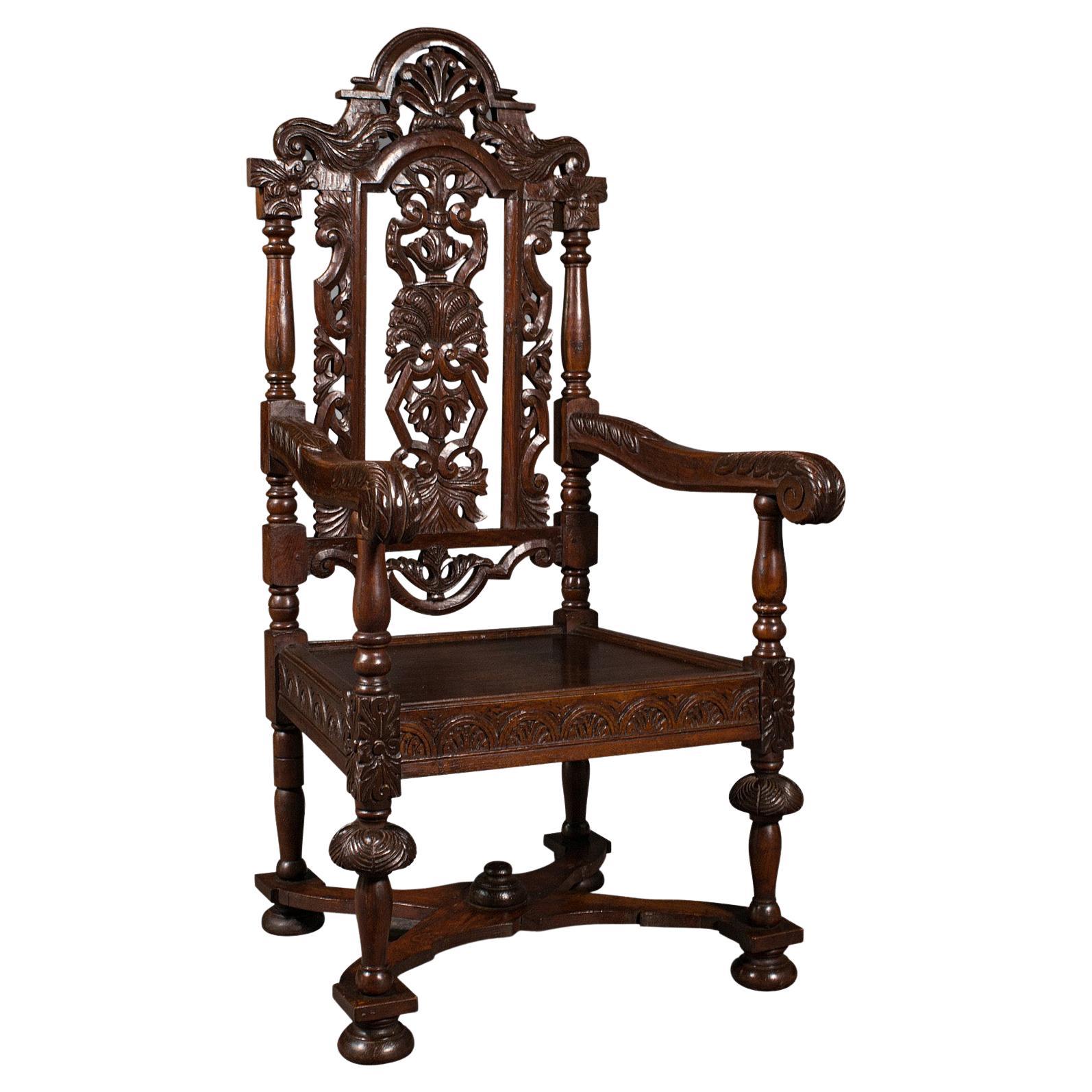 Ancienne chaise trône sculptée, chêne écossais, sculptée, assise arquée, gothique, victorienne