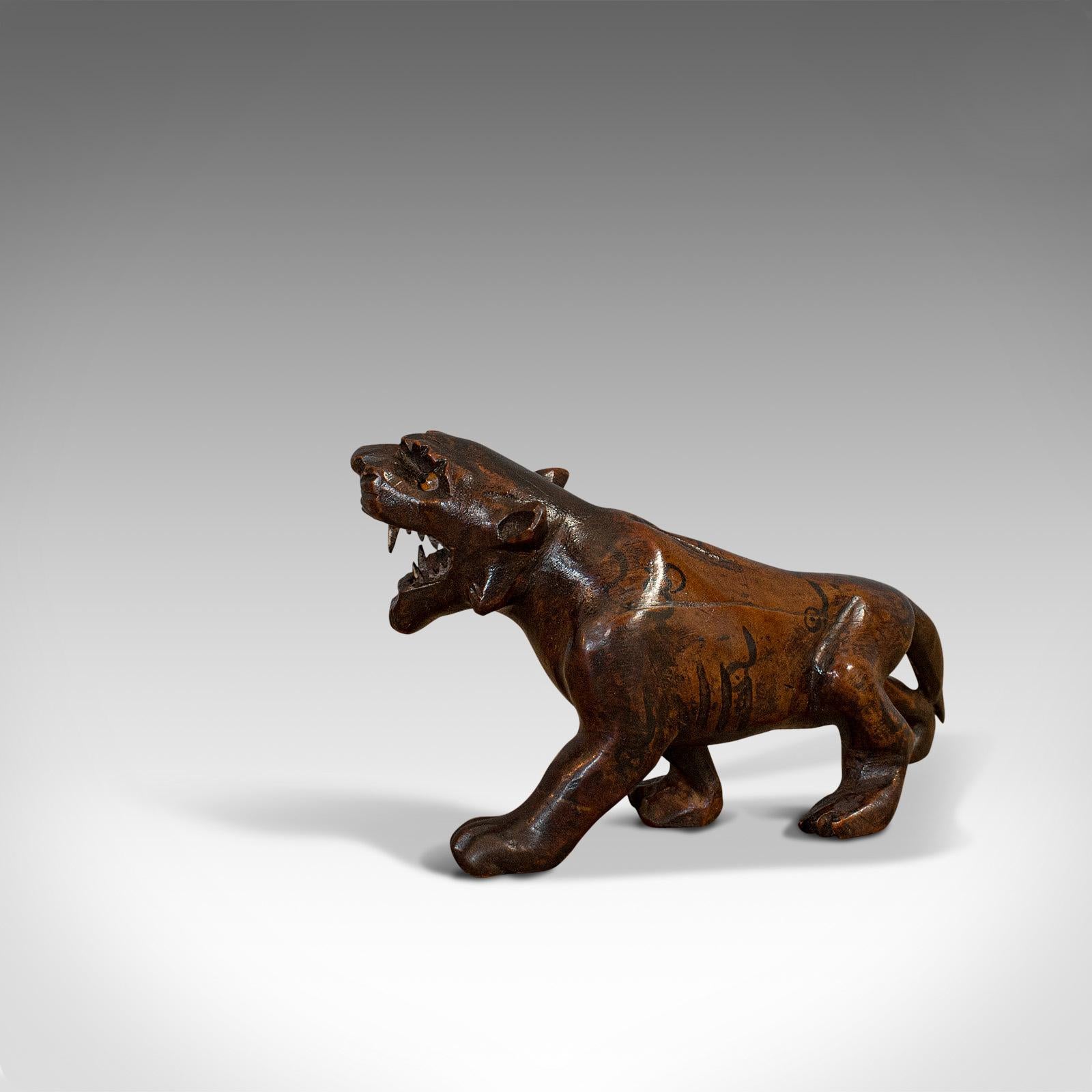 Anglo-Indian Antique Carved Tiger, Asian, Teak, Decorative Statue, 20th Century, circa 1920 For Sale