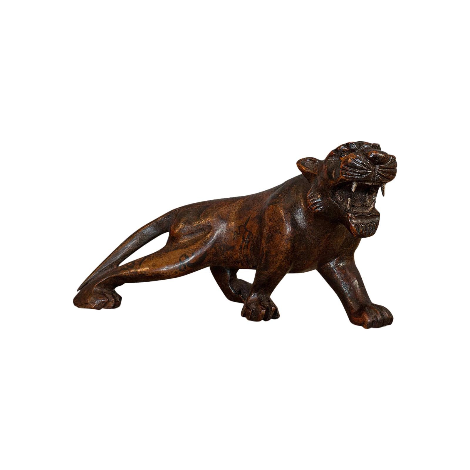 Antique Carved Tiger, Asian, Teak, Decorative Statue, 20th Century, circa 1920 For Sale