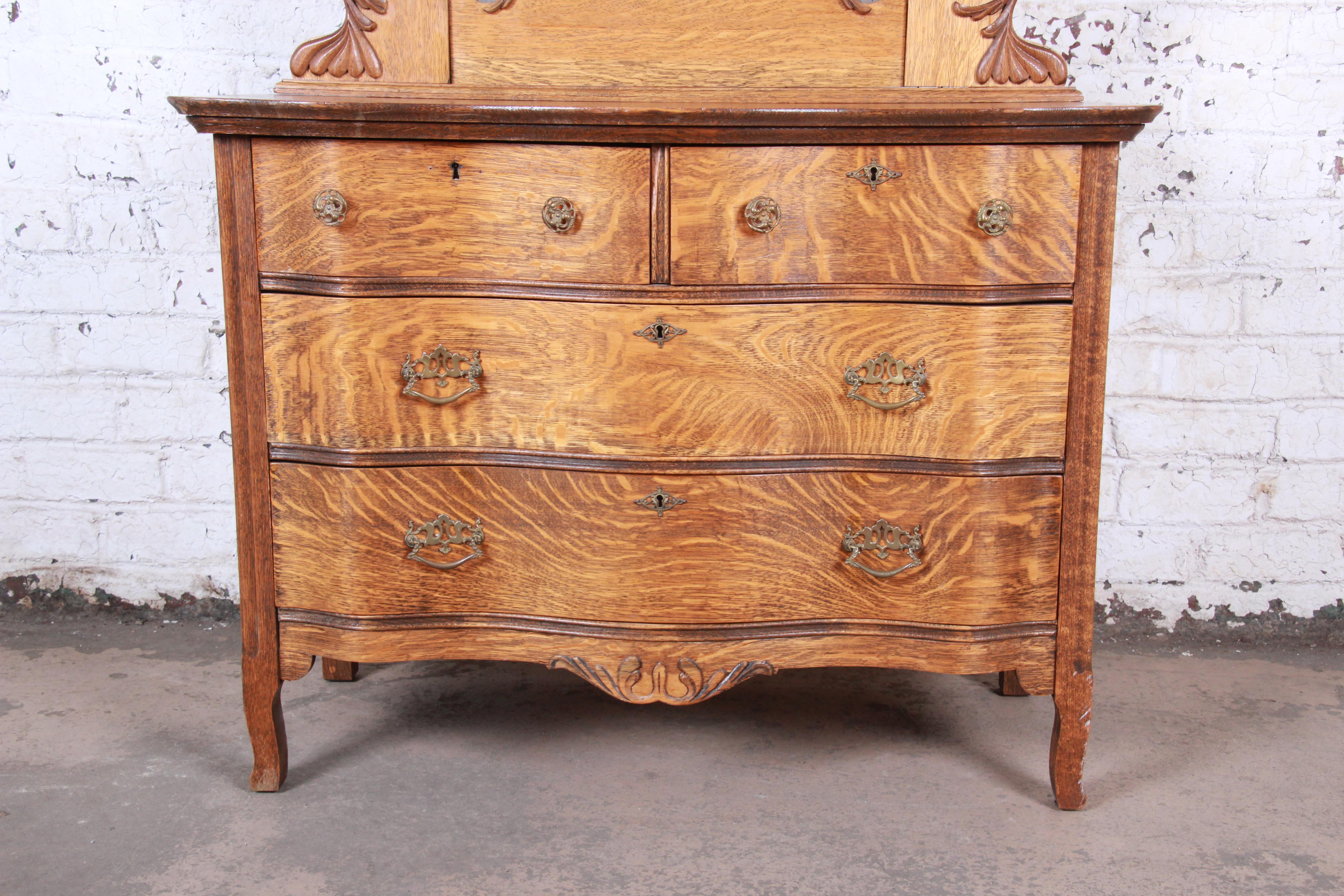 Antique Carved Tiger Oak Dresser With, Tiger Oak Dresser With Oval Mirror