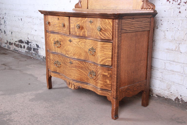 Antique Carved Tiger Oak Dresser with Mirror, circa 1900 at 1stDibs