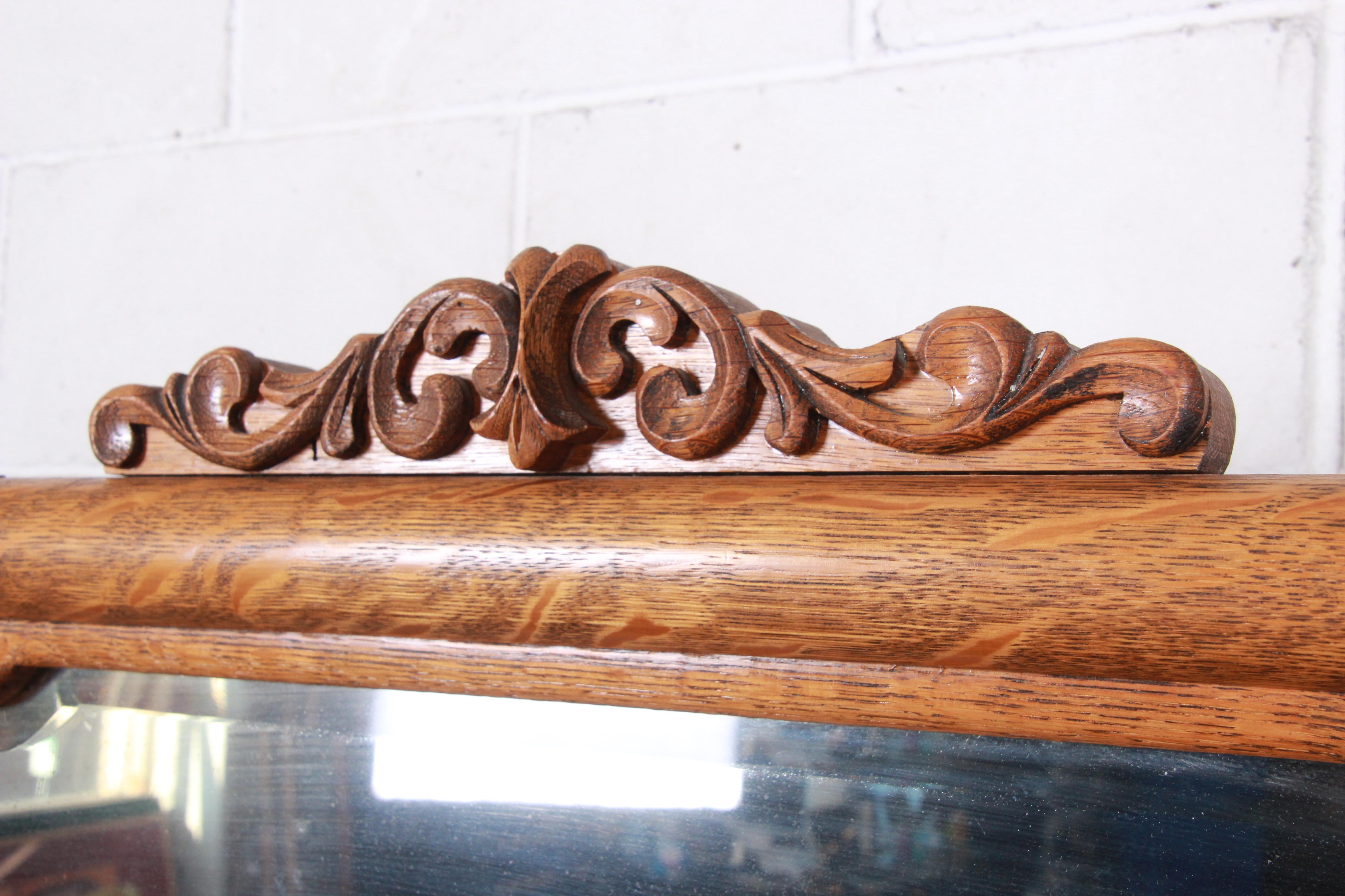 Arts and Crafts Antique Carved Tiger Oak Dresser with Mirror, circa 1900
