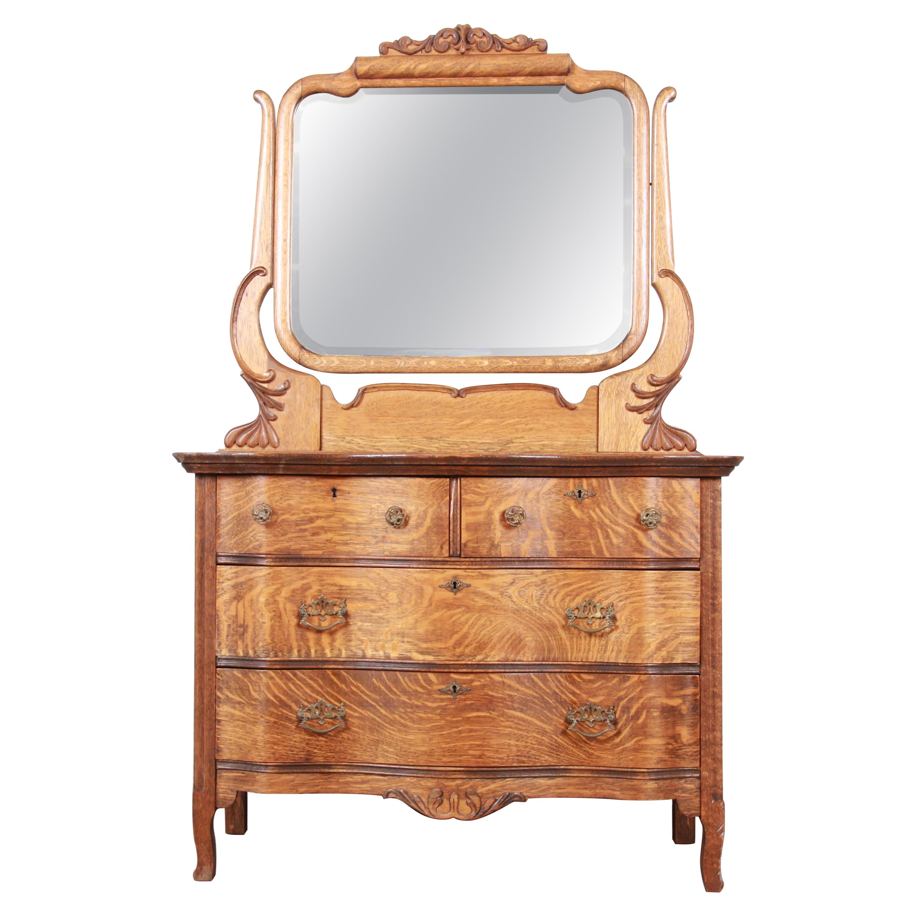 Antique Carved Tiger Oak Dresser With, Tiger Oak Dresser With Oval Mirror