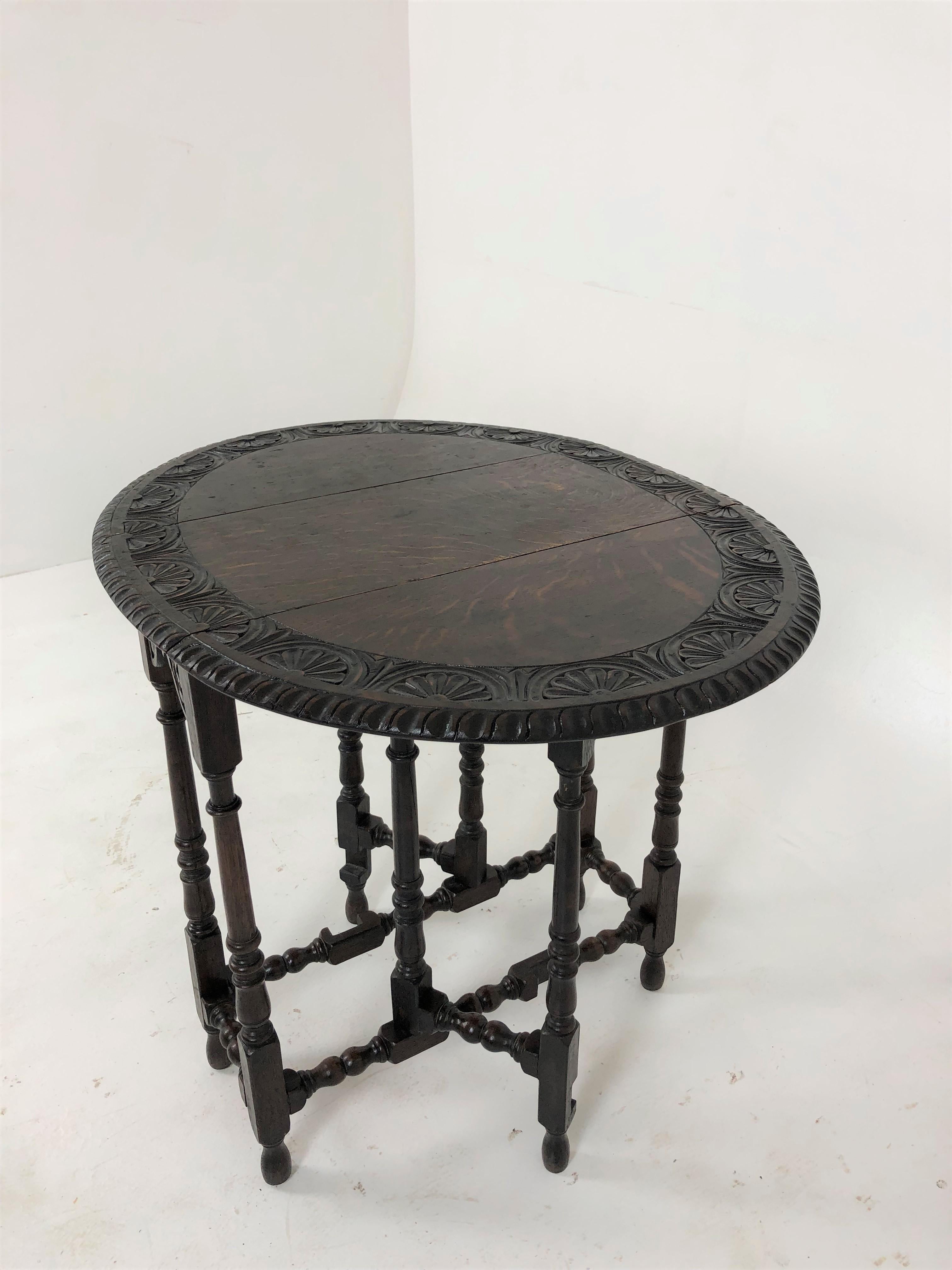 Antique Carved Tiger Oak Drop Leaf, Gateleg Table, Scotland 1910, H843 1