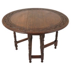 Antique Carved Tiger Oak Gateleg Drop Leaf Table, Scotland 1920, B2611