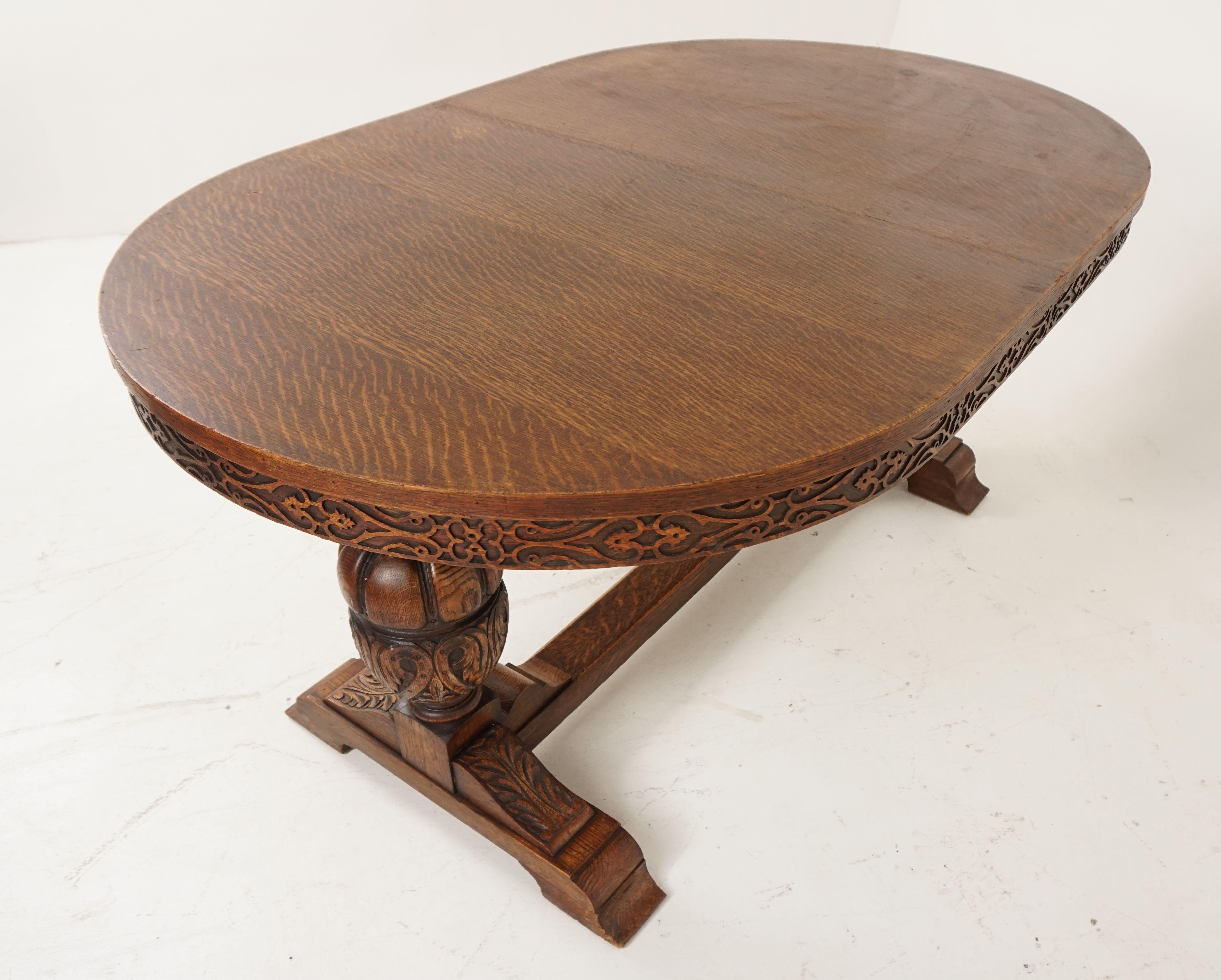 Antique Carved Tiger Oak Oval Writing Table Desk, Scotland 1920, B2051A 4
