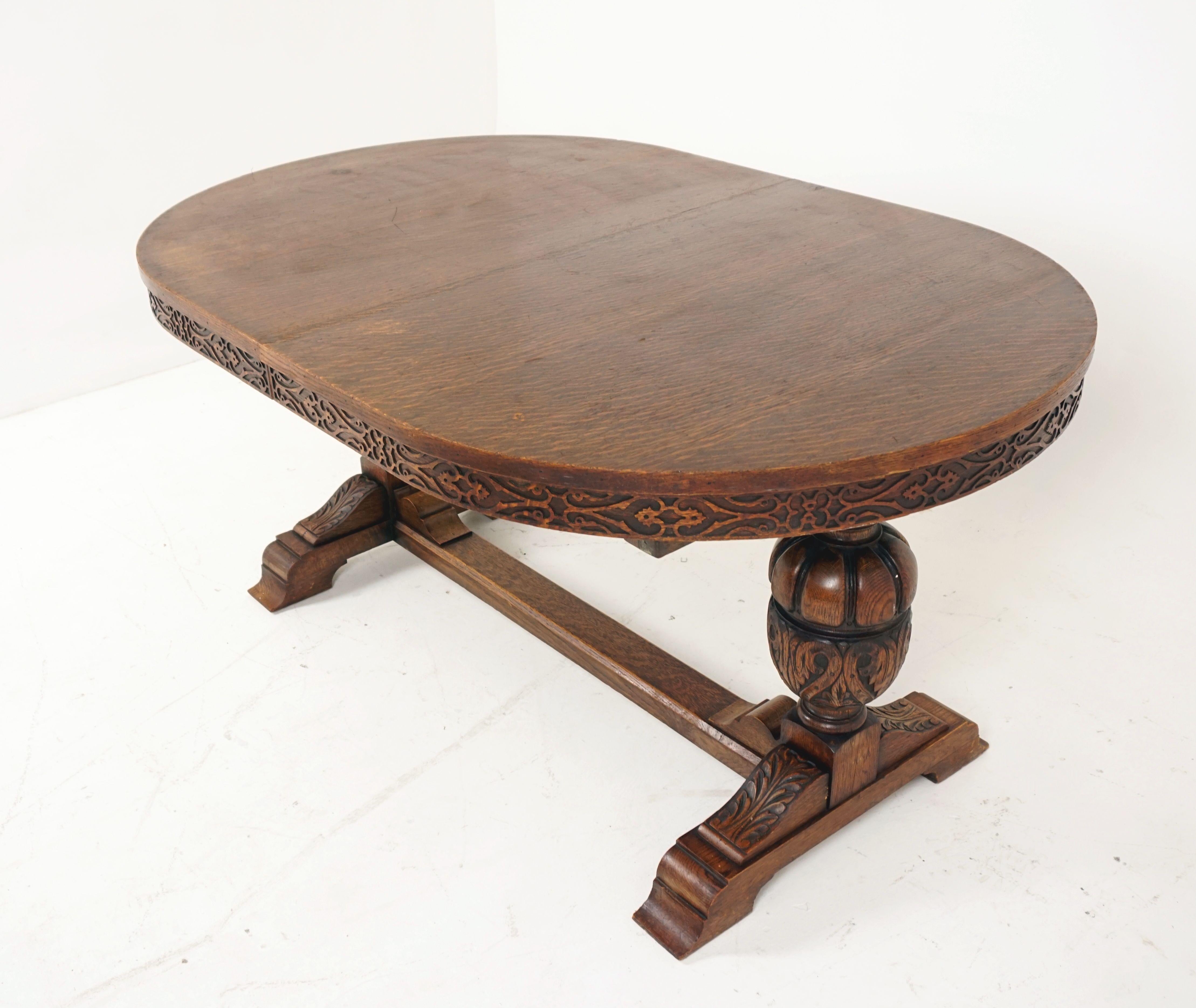 Antique carved tiger oak oval writing table or desk, bulbous legs, Scotland, 1920

Scotland, 1920
Solid oak and veneer
Original finish
Oval shaped top
Carved frieze on heavily carved oak bulbous supports
Thick oak stretcher underneath
United by