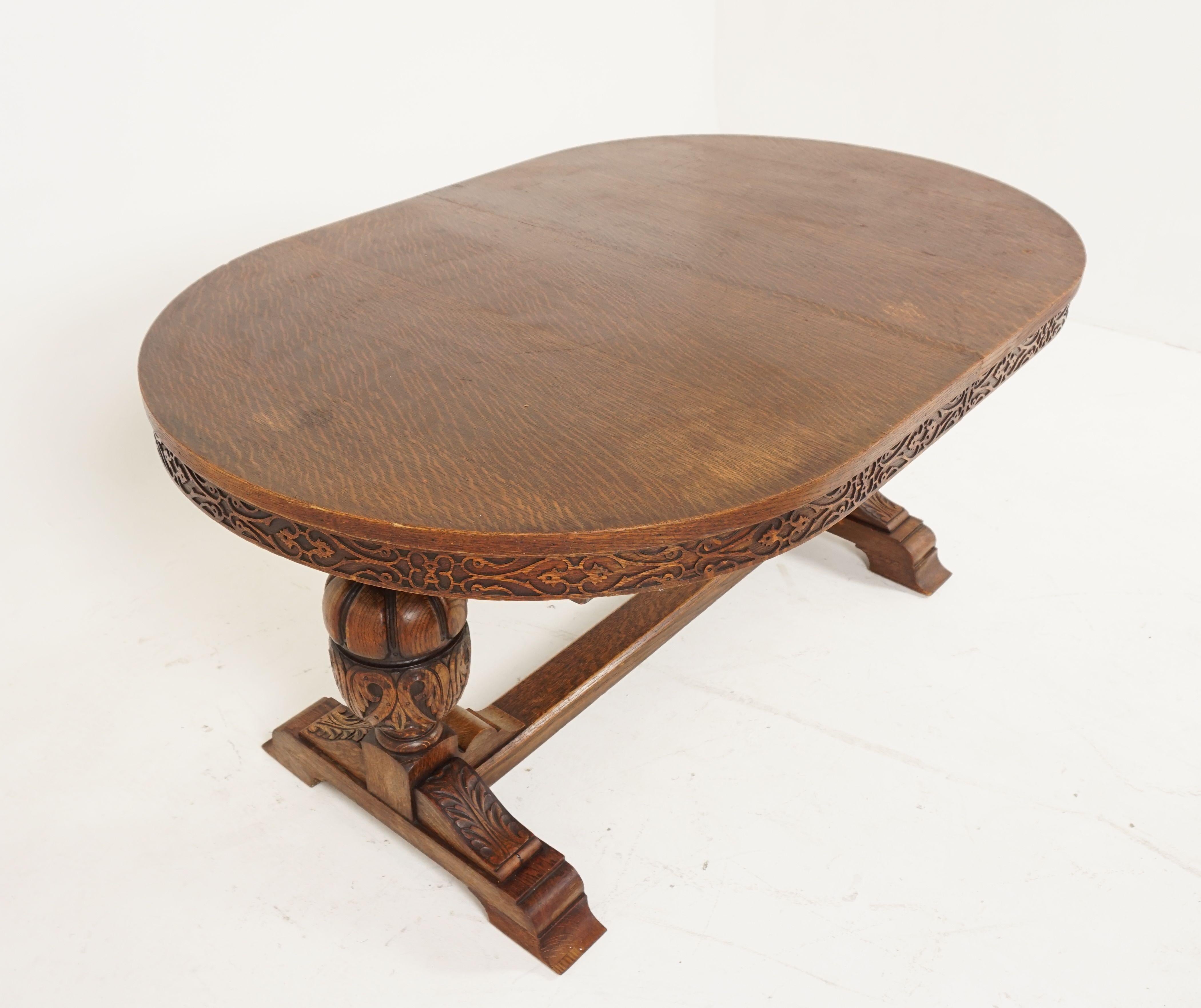 Scottish Antique Carved Tiger Oak Oval Writing Table Desk, Scotland 1920, B2051A