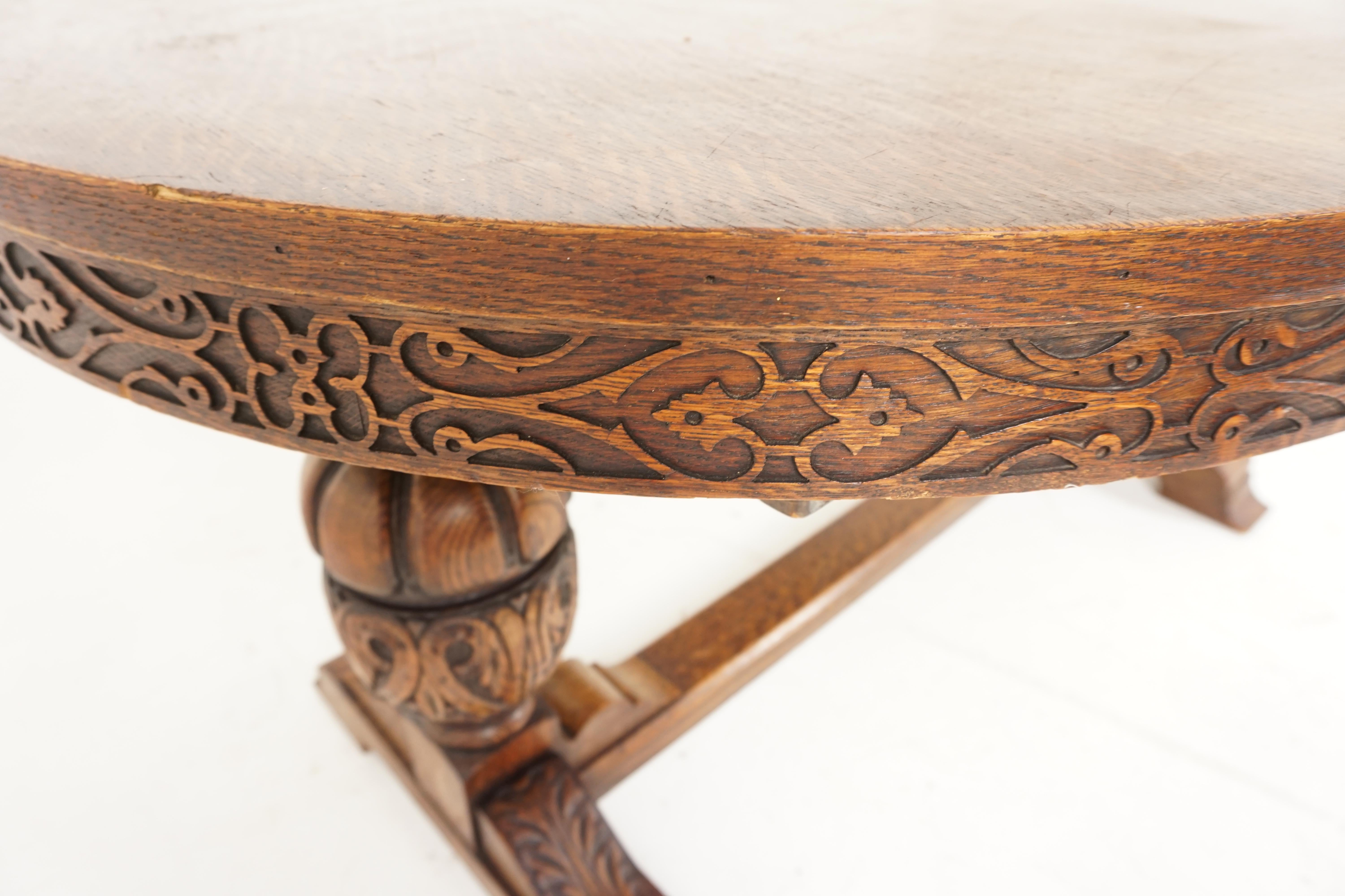 Hand-Crafted Antique Carved Tiger Oak Oval Writing Table Desk, Scotland 1920, B2051A