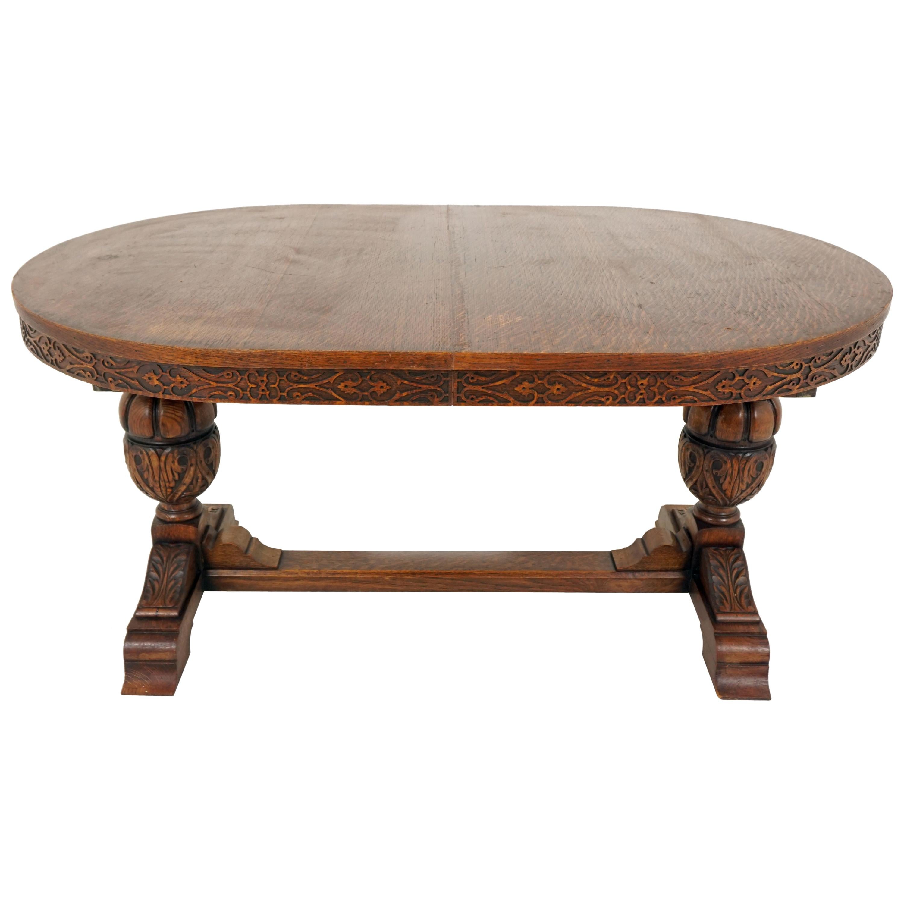 Antique Carved Tiger Oak Oval Writing Table Desk, Scotland 1920, B2051A