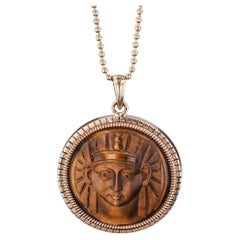 Antique Carved Tiger's Eye Pharaoh Pendant of 14k Gold