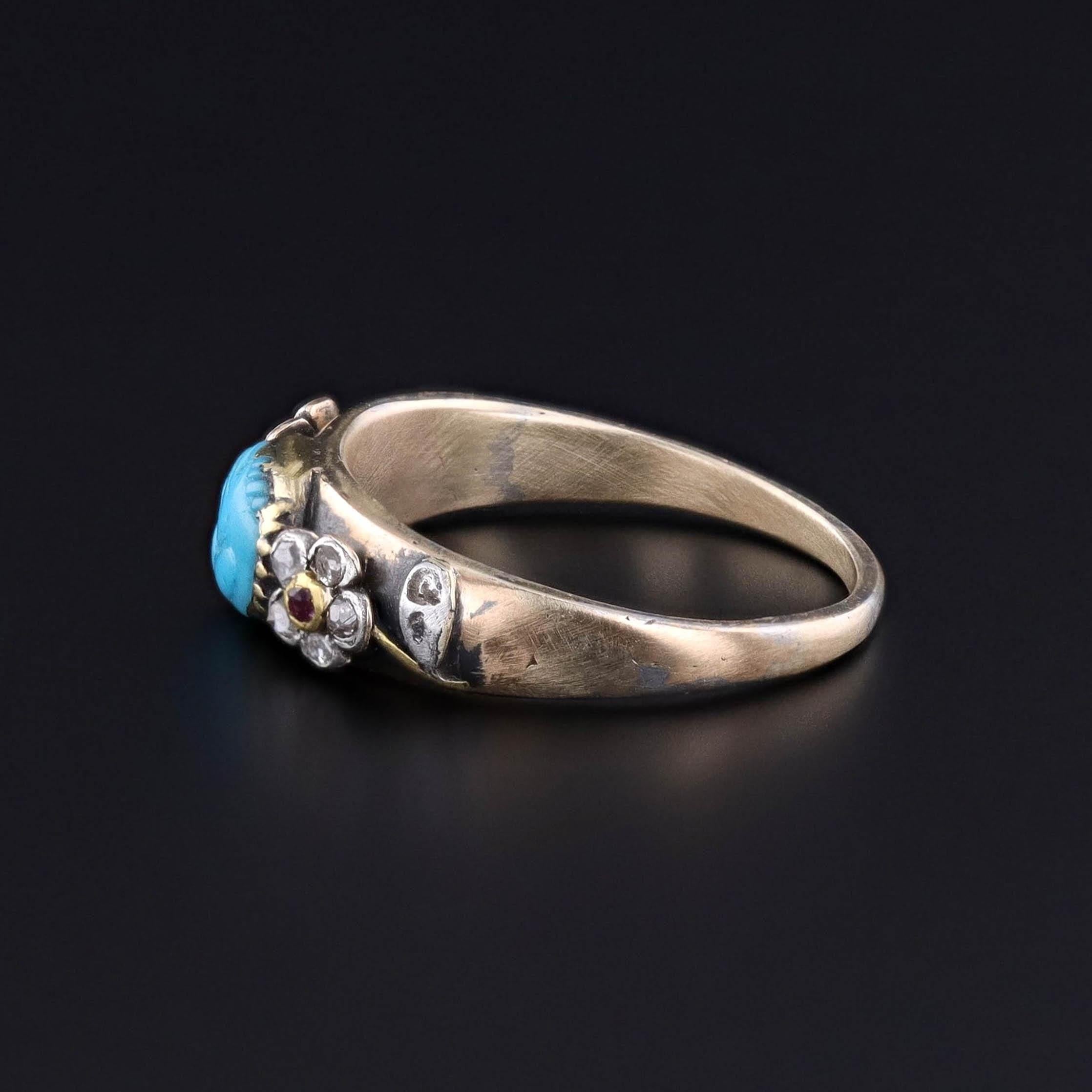 Georgian Antique Carved Turquoise Fede Ring of 15ct Gold For Sale