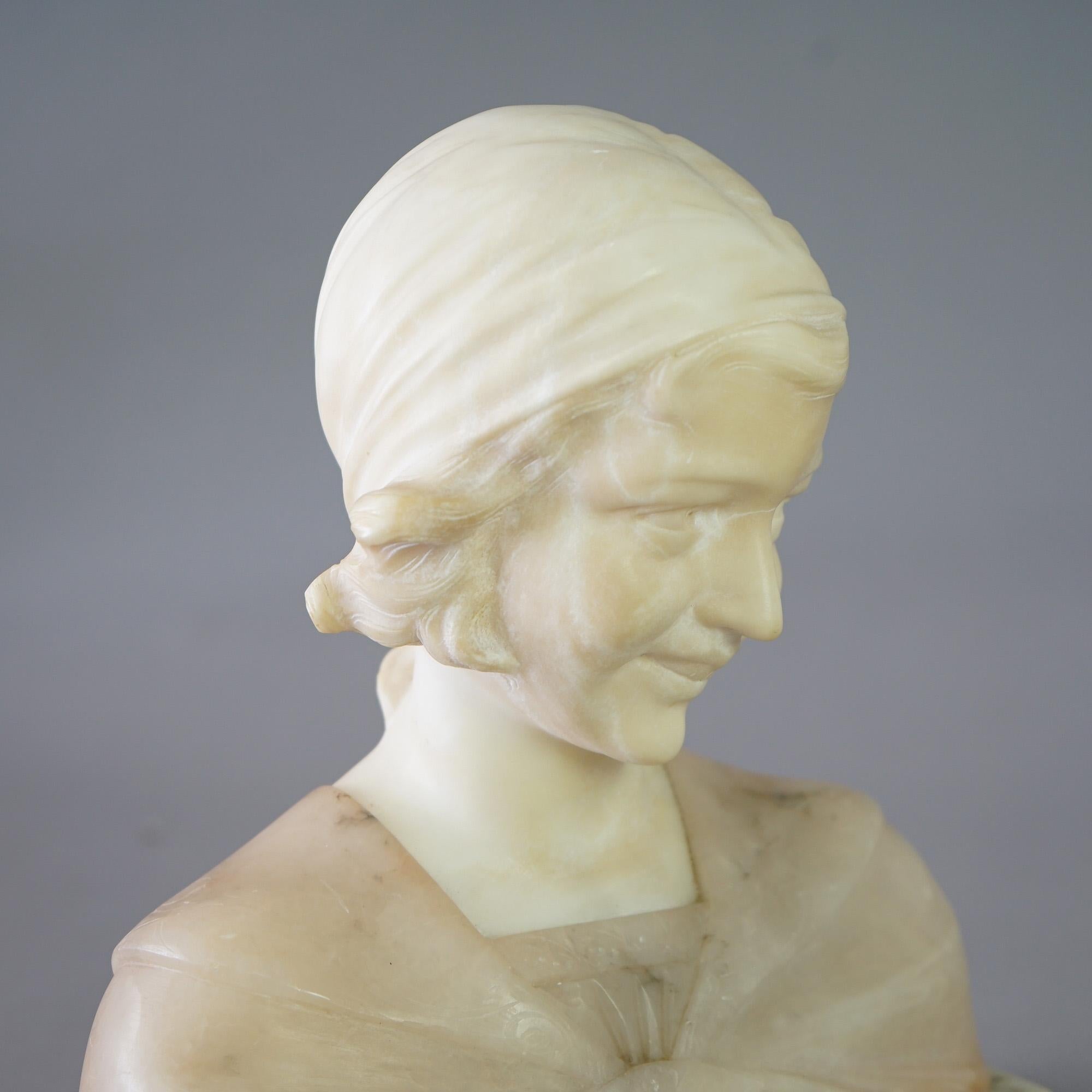 An antique Neoclassical bust offers two-tone alabaster and onyx carved portrait of a young girl, artist signed as photographed, c1910

Measures - 10.75