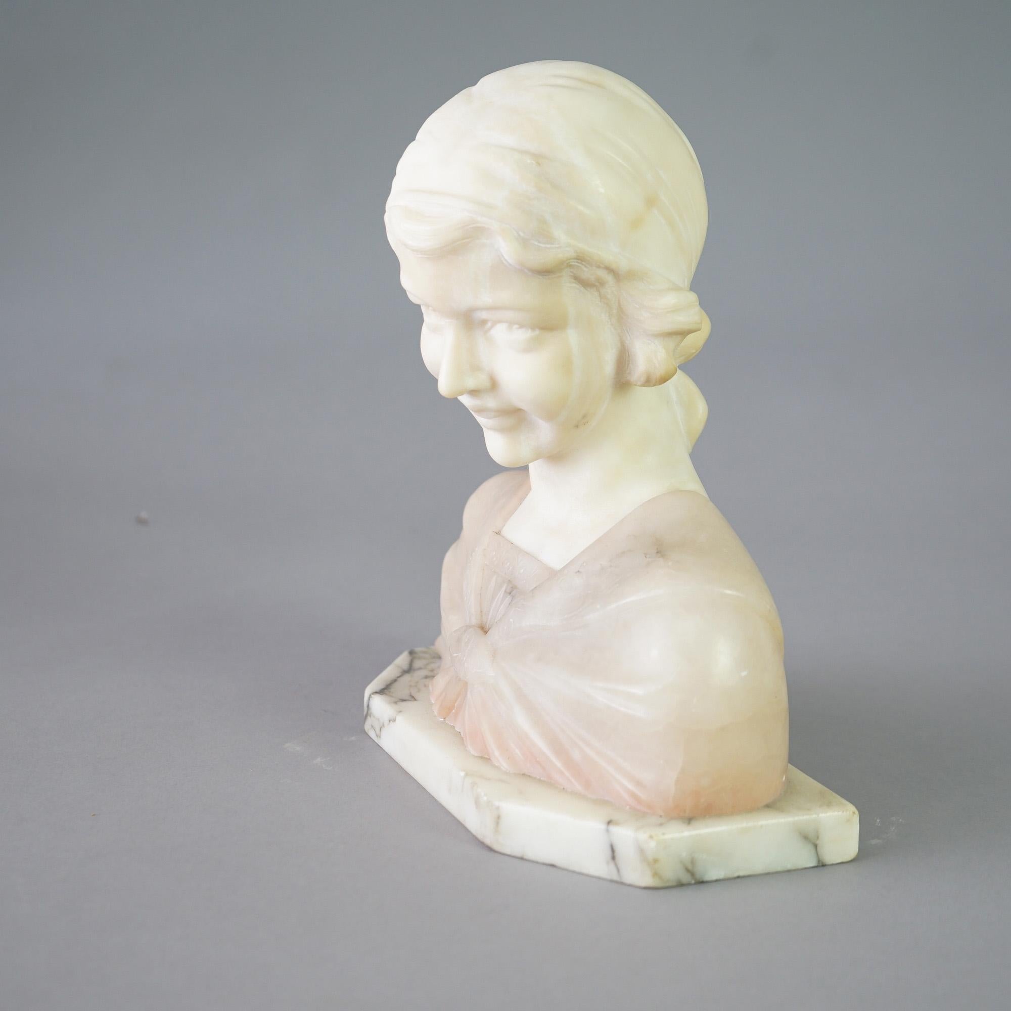 20th Century Antique Carved Two-Tone Alabaster & Onyx Neoclassical Sculpture of a Girl c1910