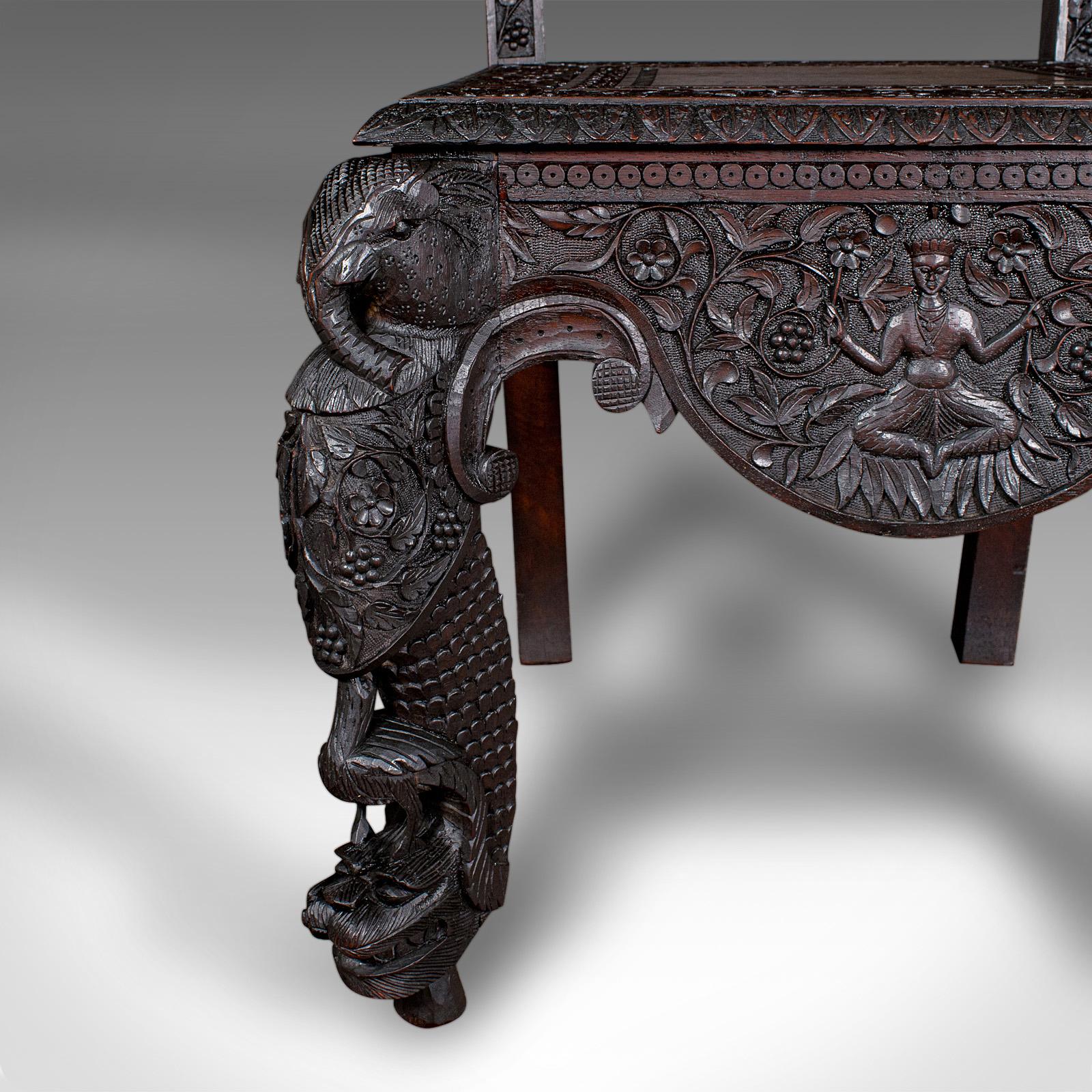 Antique Carved Veranda Chair, Ceylonese, Teak, Ornate Seat, Victorian, C.1880 For Sale 5