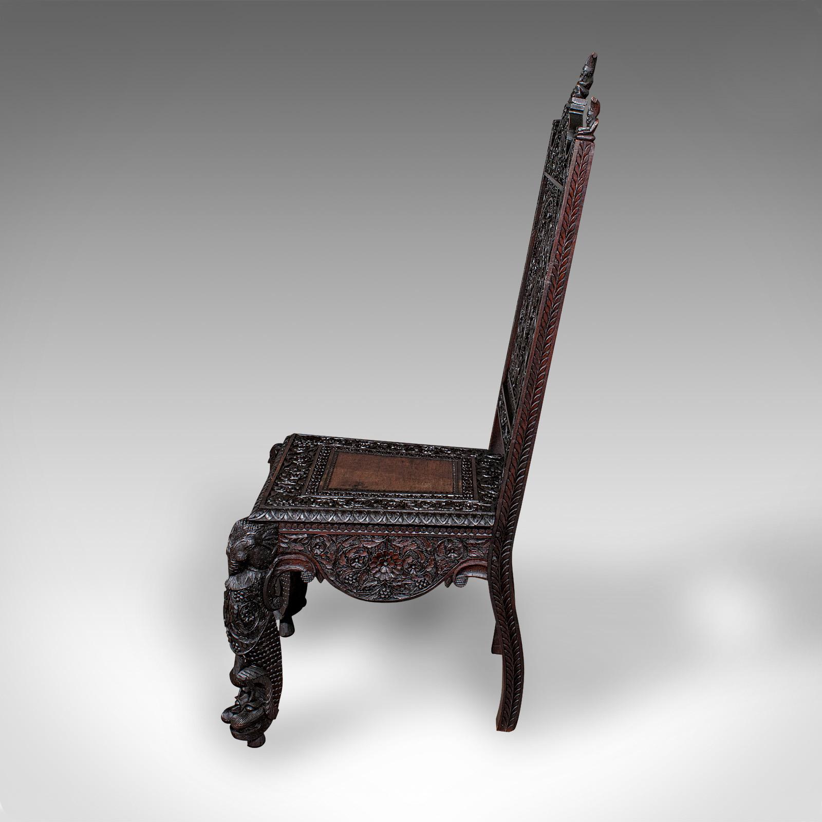 Anglo-Indian Antique Carved Veranda Chair, Ceylonese, Teak, Ornate Seat, Victorian, C.1880 For Sale