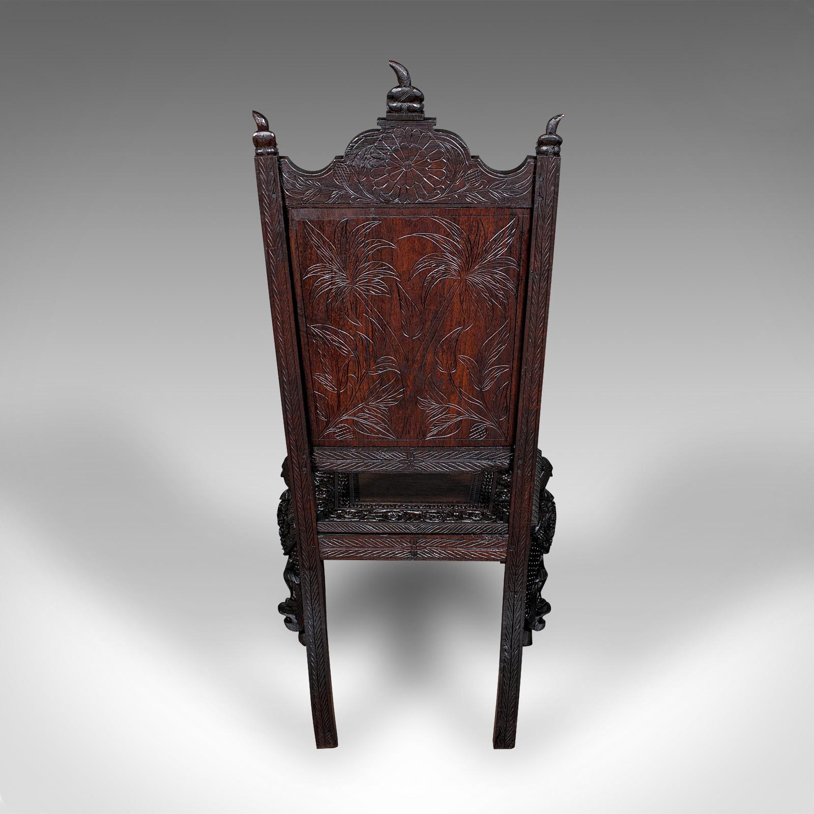 Sri Lankan Antique Carved Veranda Chair, Ceylonese, Teak, Ornate Seat, Victorian, C.1880 For Sale