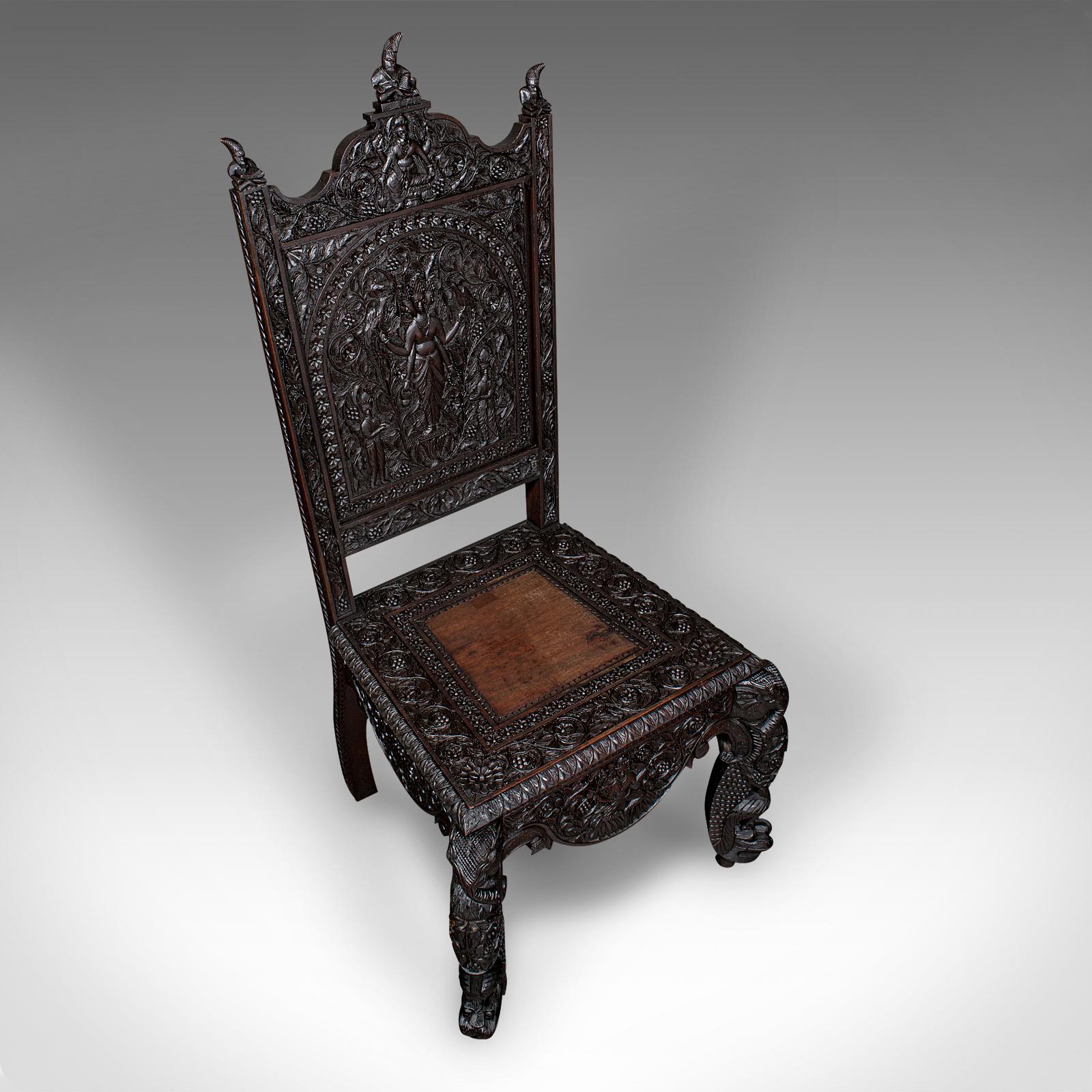 Antique Carved Veranda Chair, Ceylonese, Teak, Ornate Seat, Victorian, C.1880 In Good Condition For Sale In Hele, Devon, GB