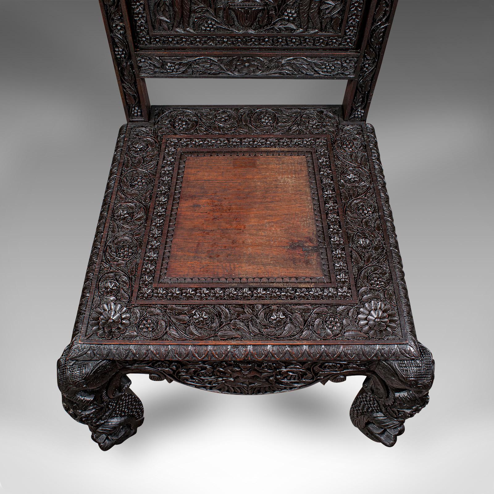 Antique Carved Veranda Chair, Ceylonese, Teak, Ornate Seat, Victorian, C.1880 For Sale 3
