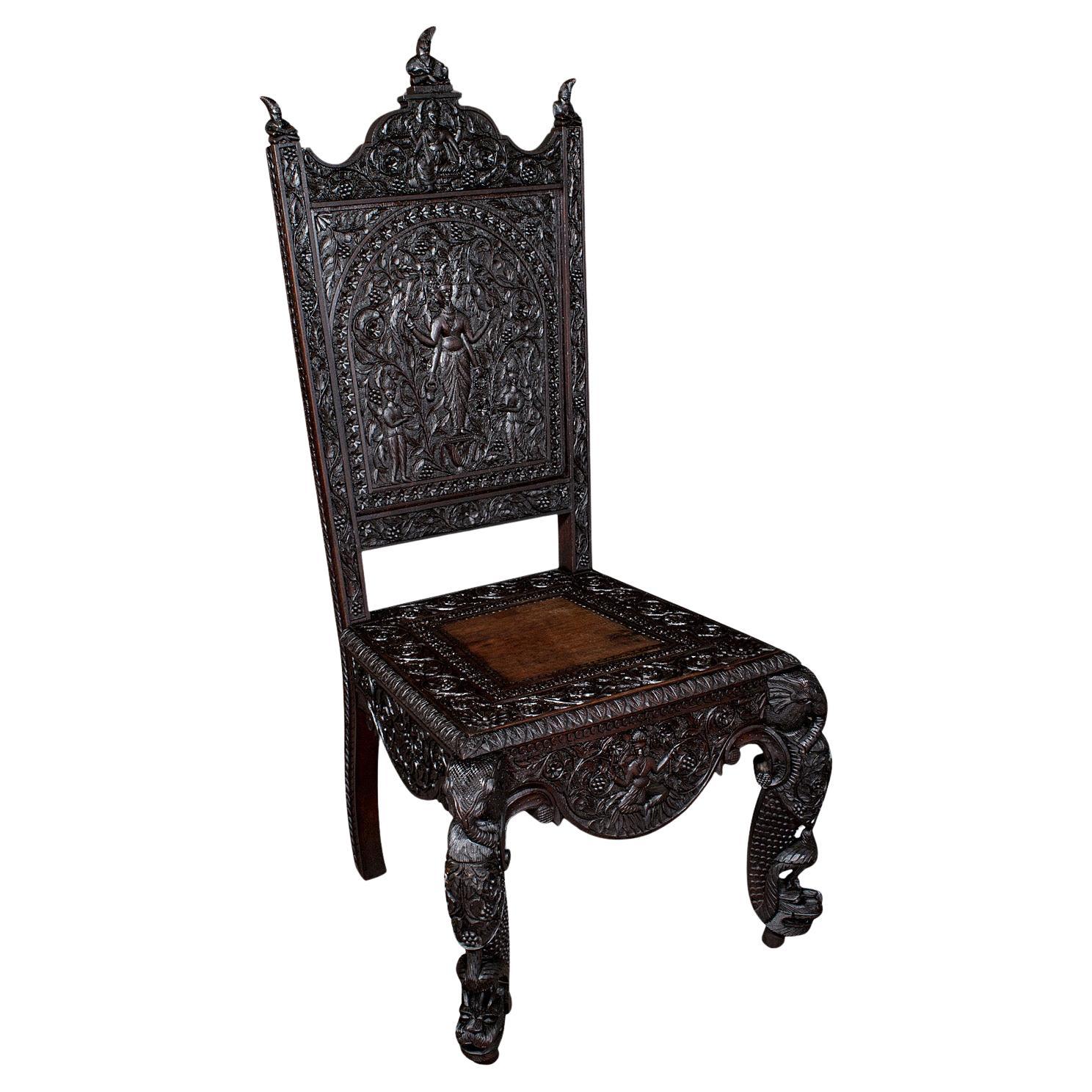 Antique Carved Veranda Chair, Ceylonese, Teak, Ornate Seat, Victorian, C.1880 For Sale