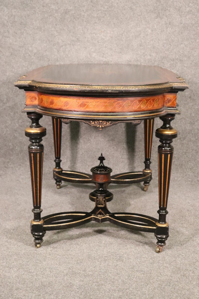 American Antique Carved Victorian Inlaid Marquetry Center Table Attr to Pottier & Stymus For Sale
