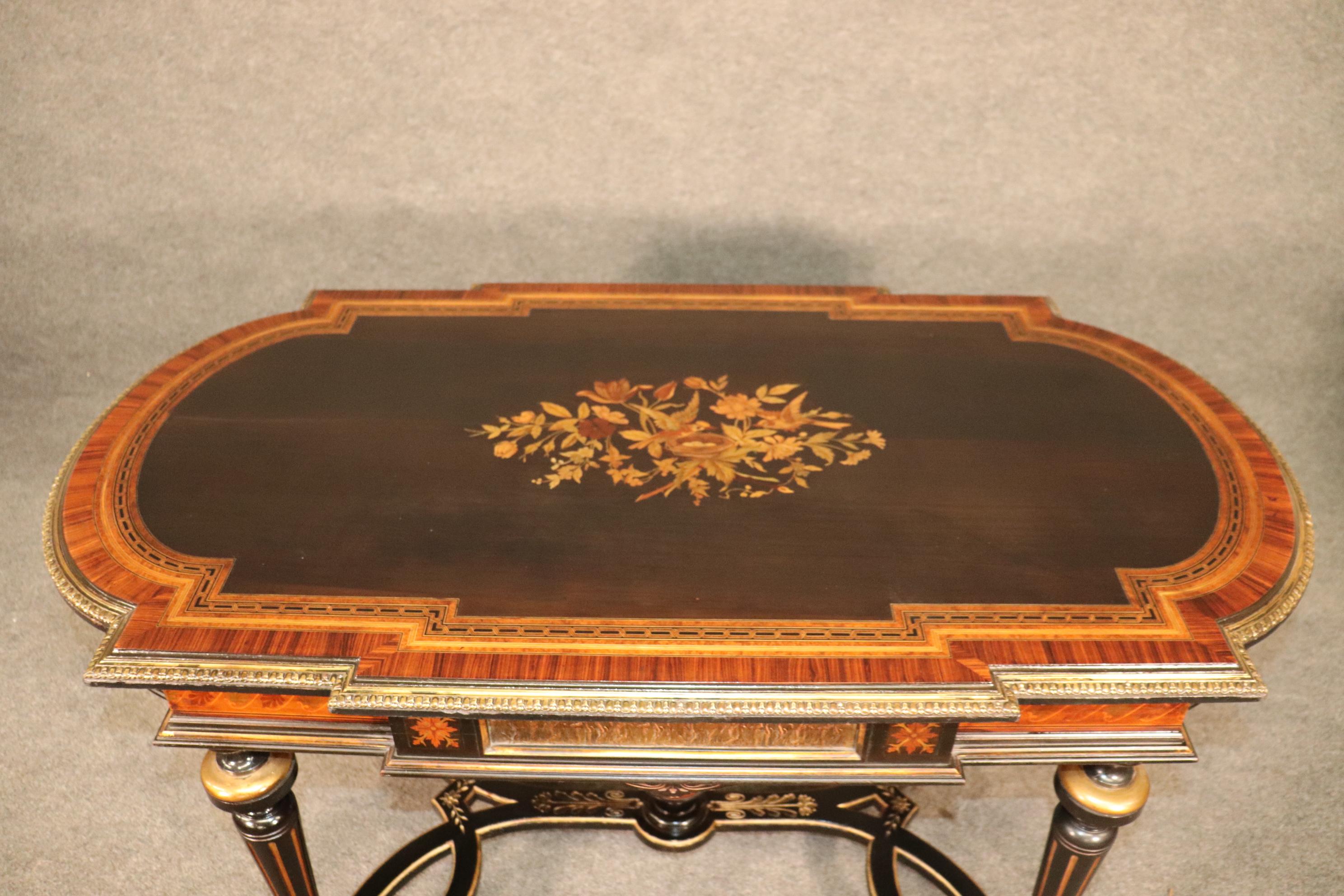 19th Century Antique Carved Victorian Inlaid Marquetry Center Table Attr to Pottier & Stymus For Sale