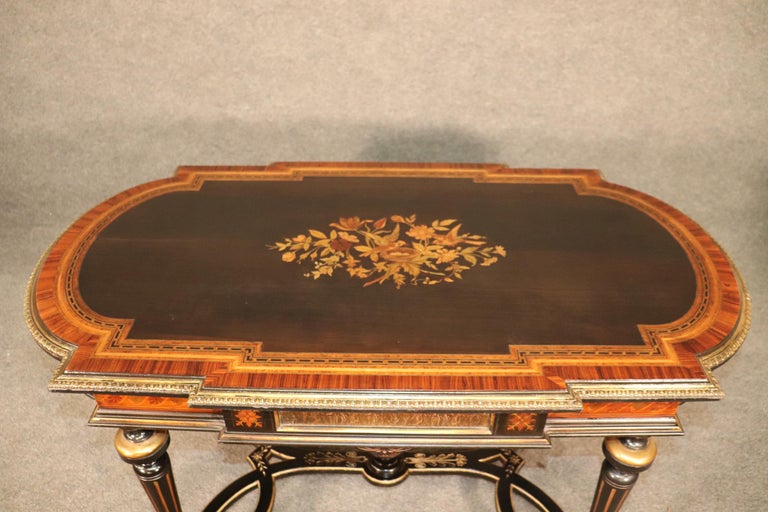 Bronze Antique Carved Victorian Inlaid Marquetry Center Table Attr to Pottier & Stymus For Sale