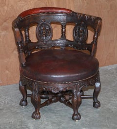 Antique Carved Victorian Oxblood Leather Burgermeister Chair 17th Century Design