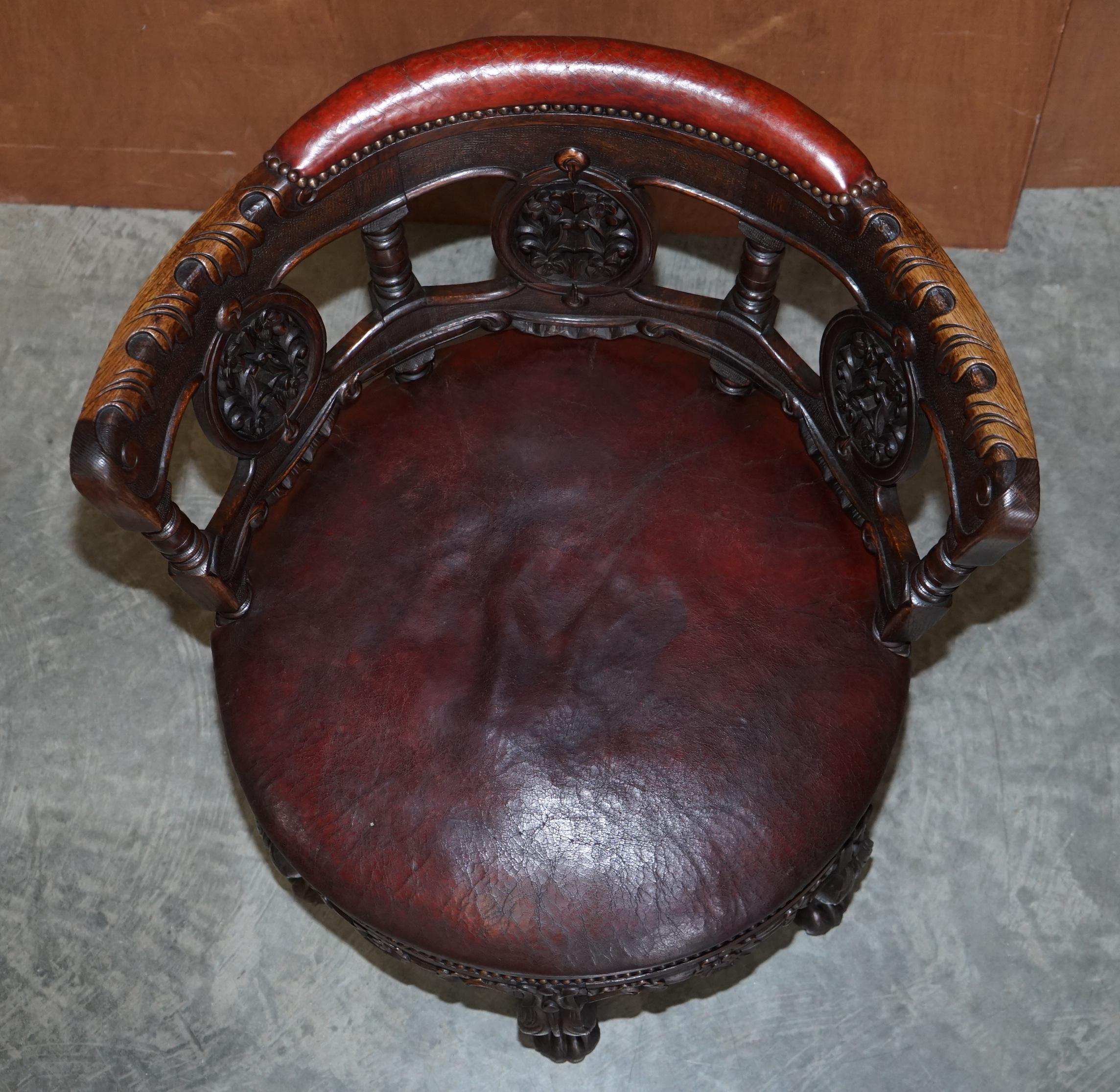 High Victorian Antique Carved Victorian Oxblood Leather Burgermeister Chair 17th Century Design For Sale