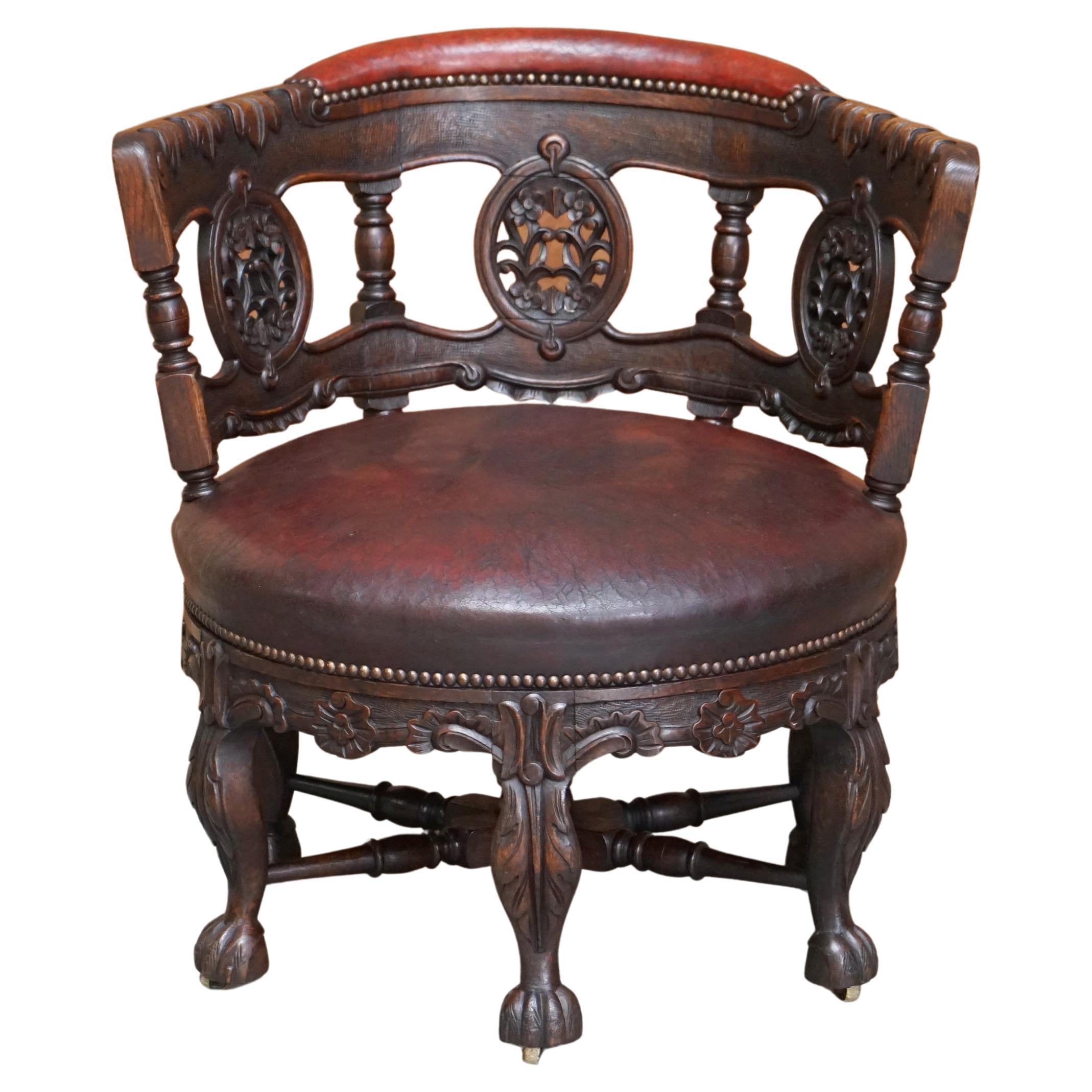 Antique Carved Victorian Oxblood Leather Burgermeister Chair 17th Century Design For Sale