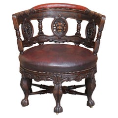 Antique Carved Victorian Oxblood Leather Burgermeister Chair 17th Century Design