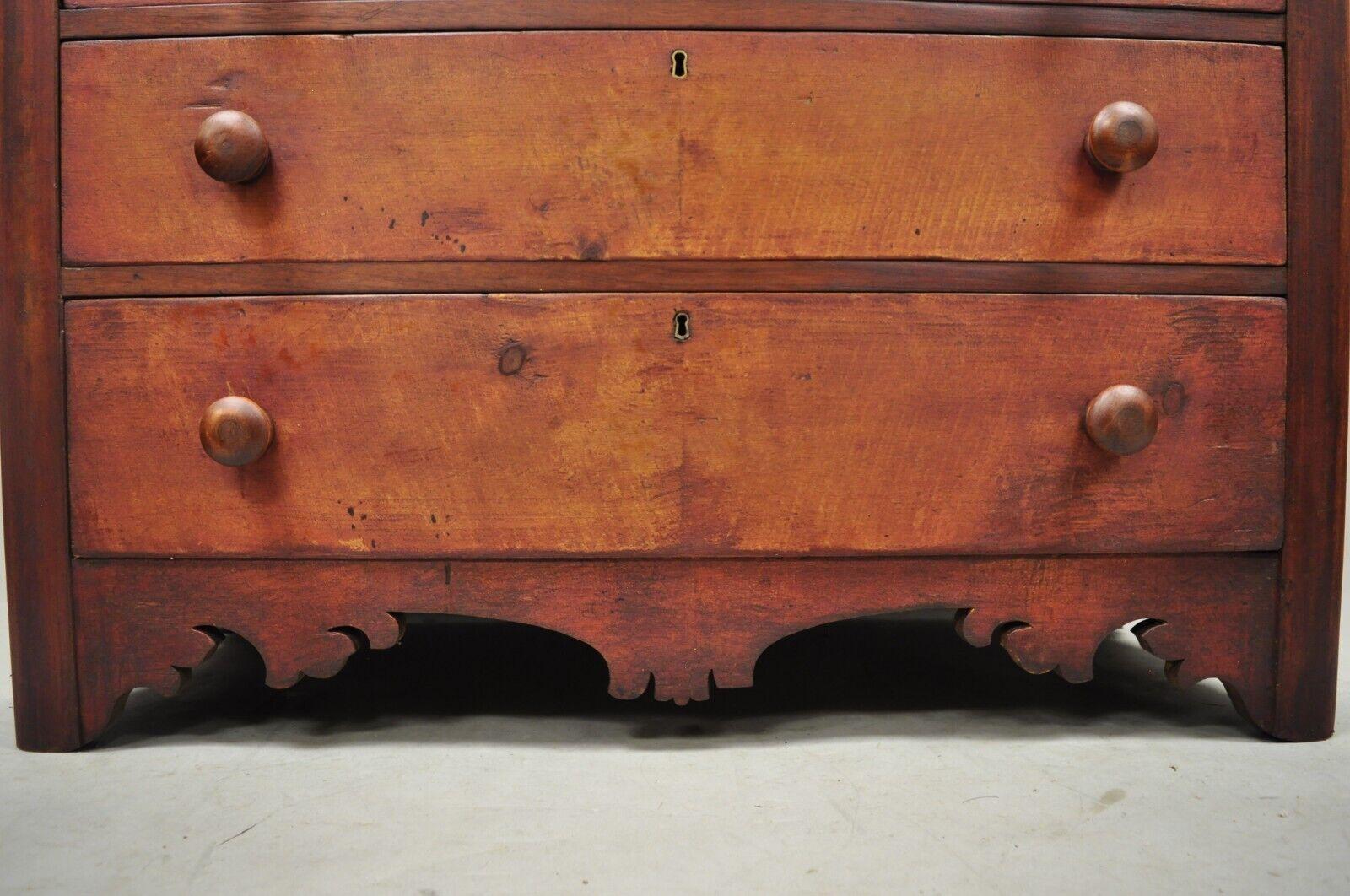 Antique Carved Victorian Pine Wood 4 Drawer Dresser Chest Red Finish In Good Condition In Philadelphia, PA