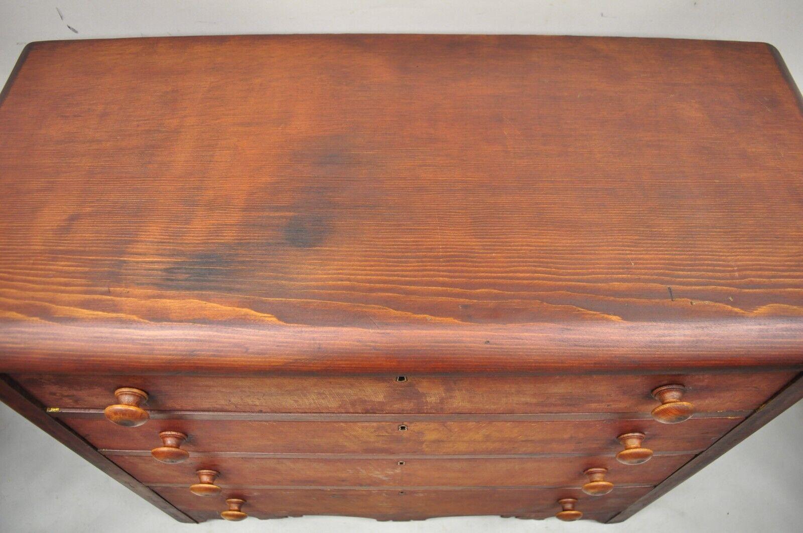 19th Century Antique Carved Victorian Pine Wood 4 Drawer Dresser Chest Red Finish