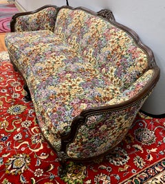Antique Carved Victorian Sofa With Floral Tapestry Upholstery