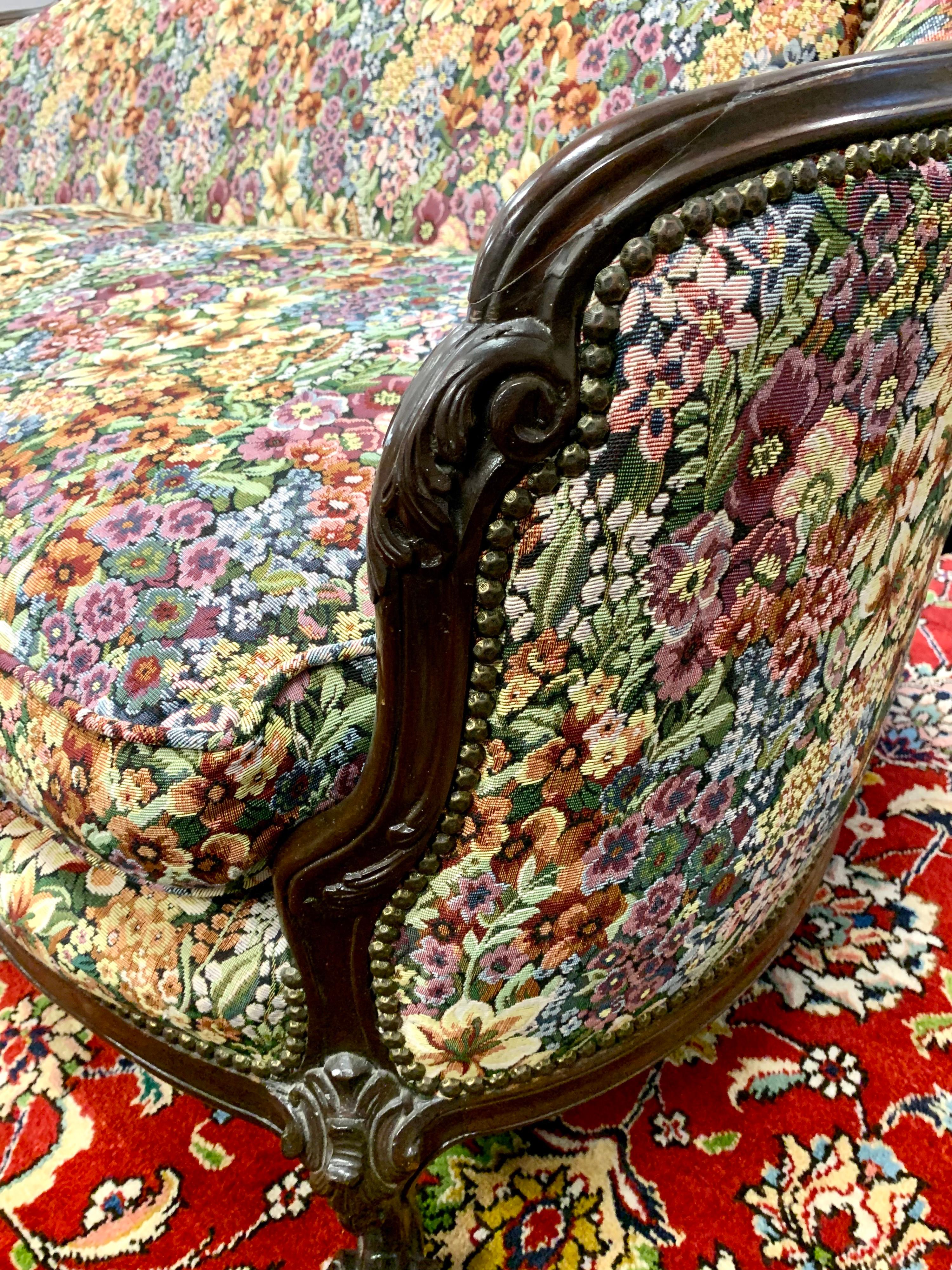 American Antique Carved Victorian Sofa With Floral Tapestry Upholstery