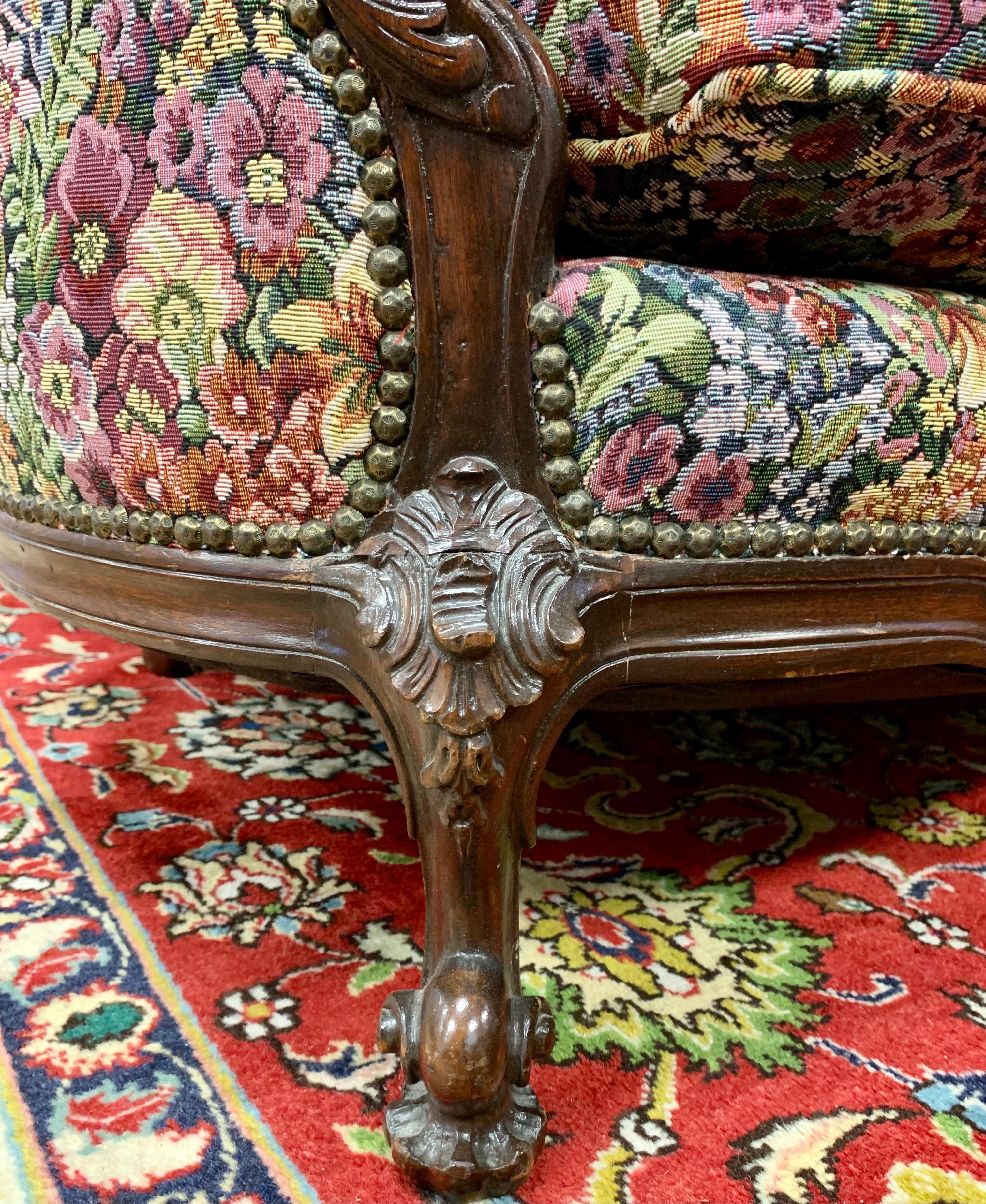 Early 20th Century Antique Carved Victorian Sofa With Floral Tapestry Upholstery