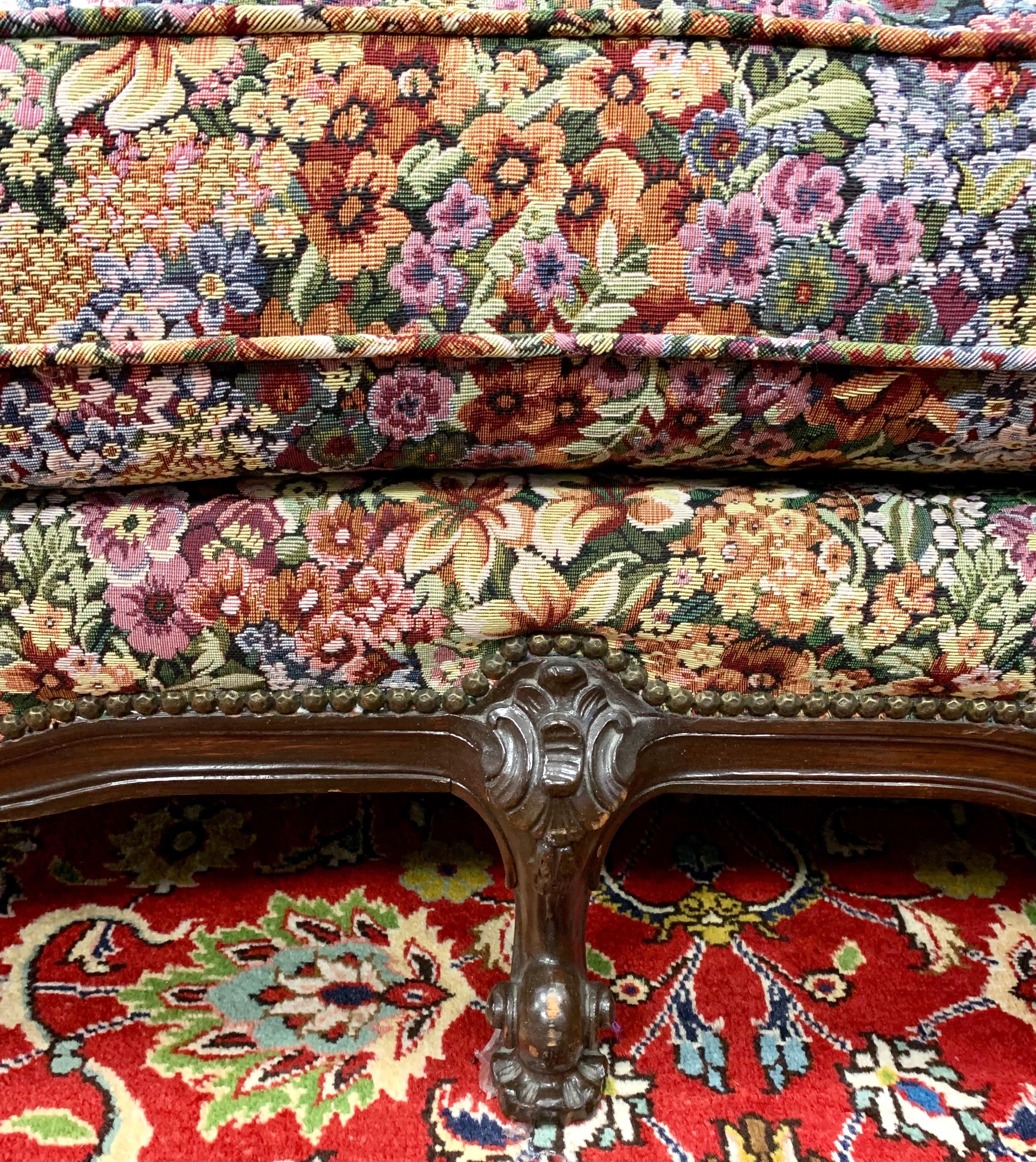Fabric Antique Carved Victorian Sofa With Floral Tapestry Upholstery