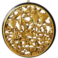 Antique Carved Wall Panel, Circular, Chinese, Giltwood, Decorative, circa 1900