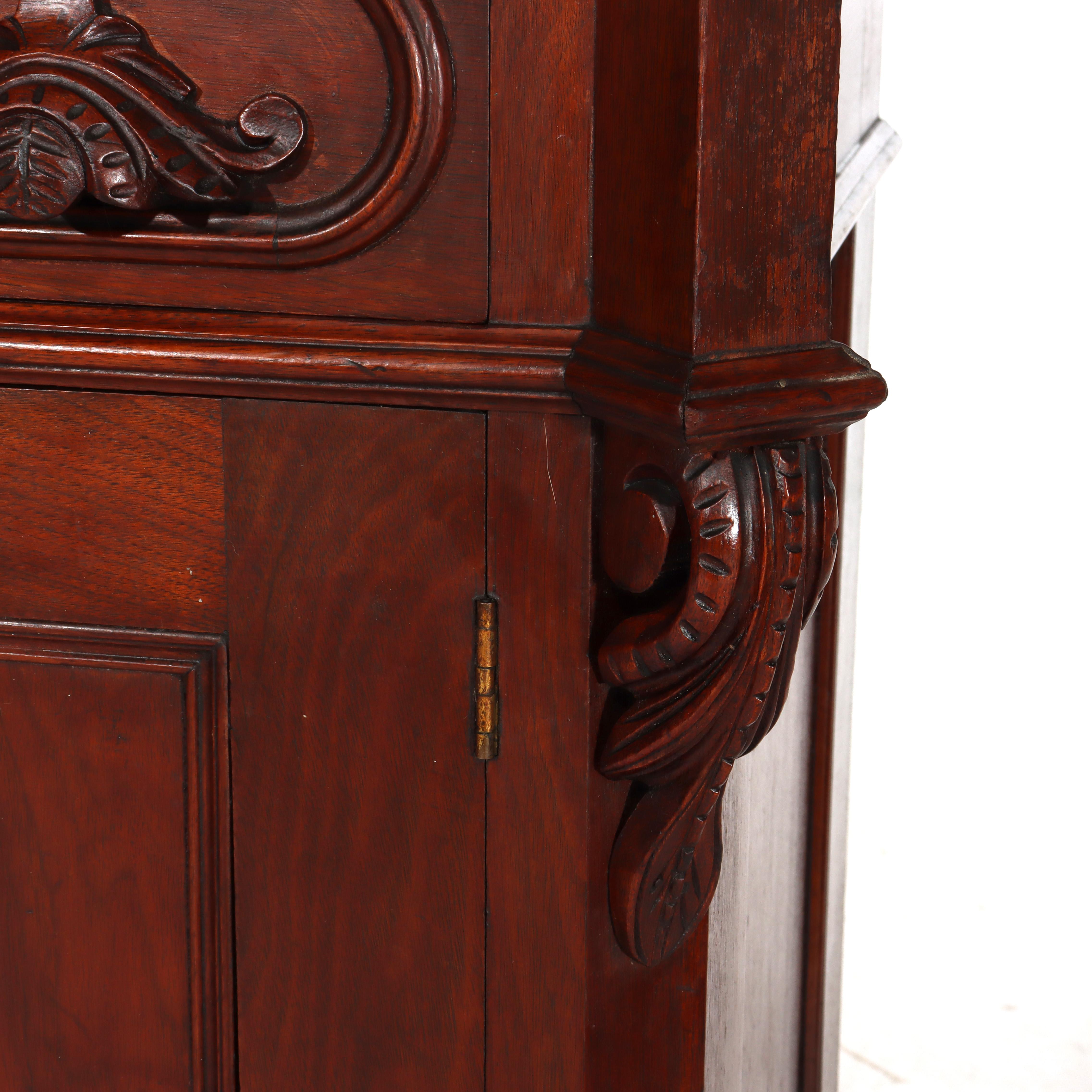 Antique Carved Walnut 2-Door 2-Drawer Washstand With Backsplash c1900 In Good Condition For Sale In Big Flats, NY