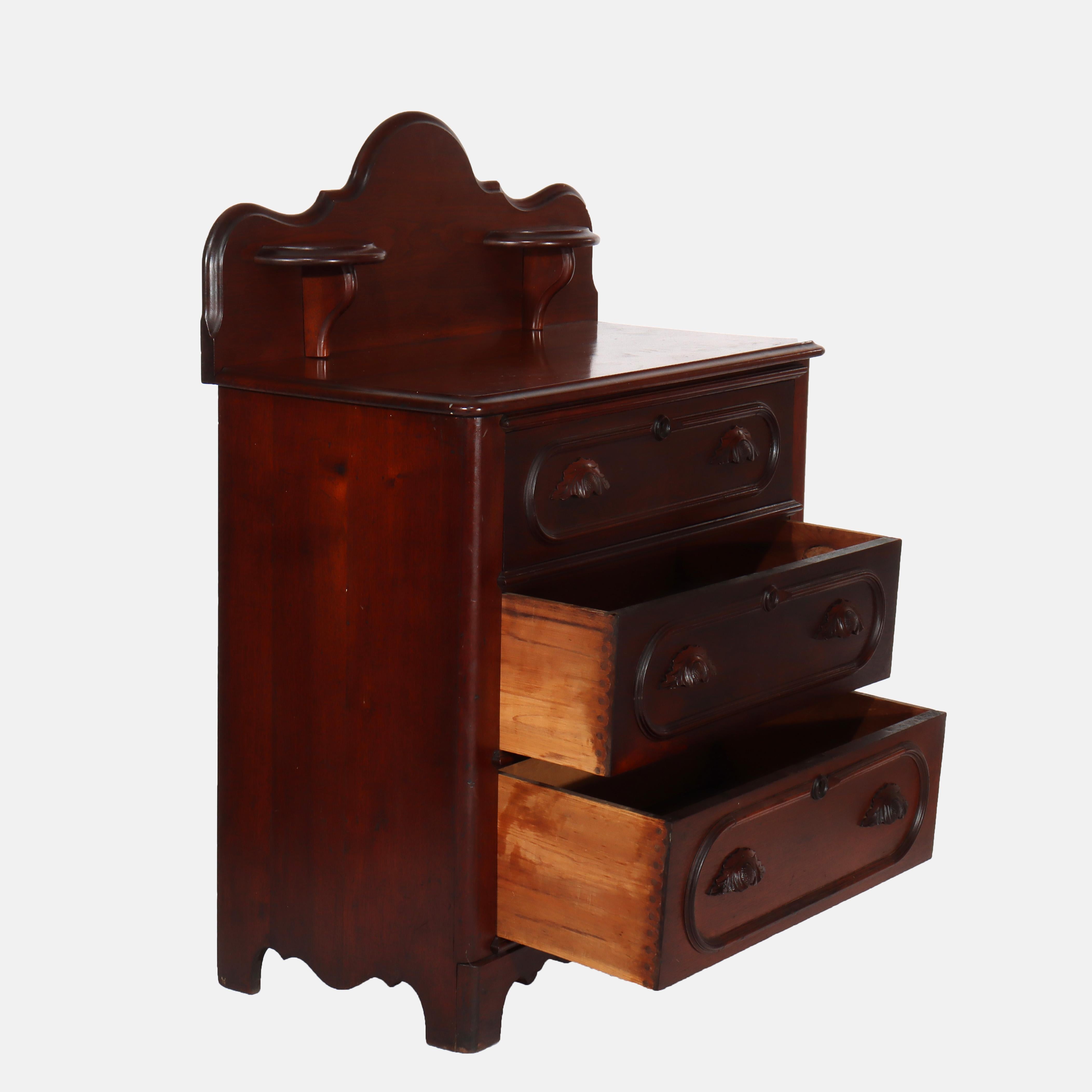 Antique Carved Walnut 3-Drawer Commode With Backsplash & Shelves c1890 For Sale 10