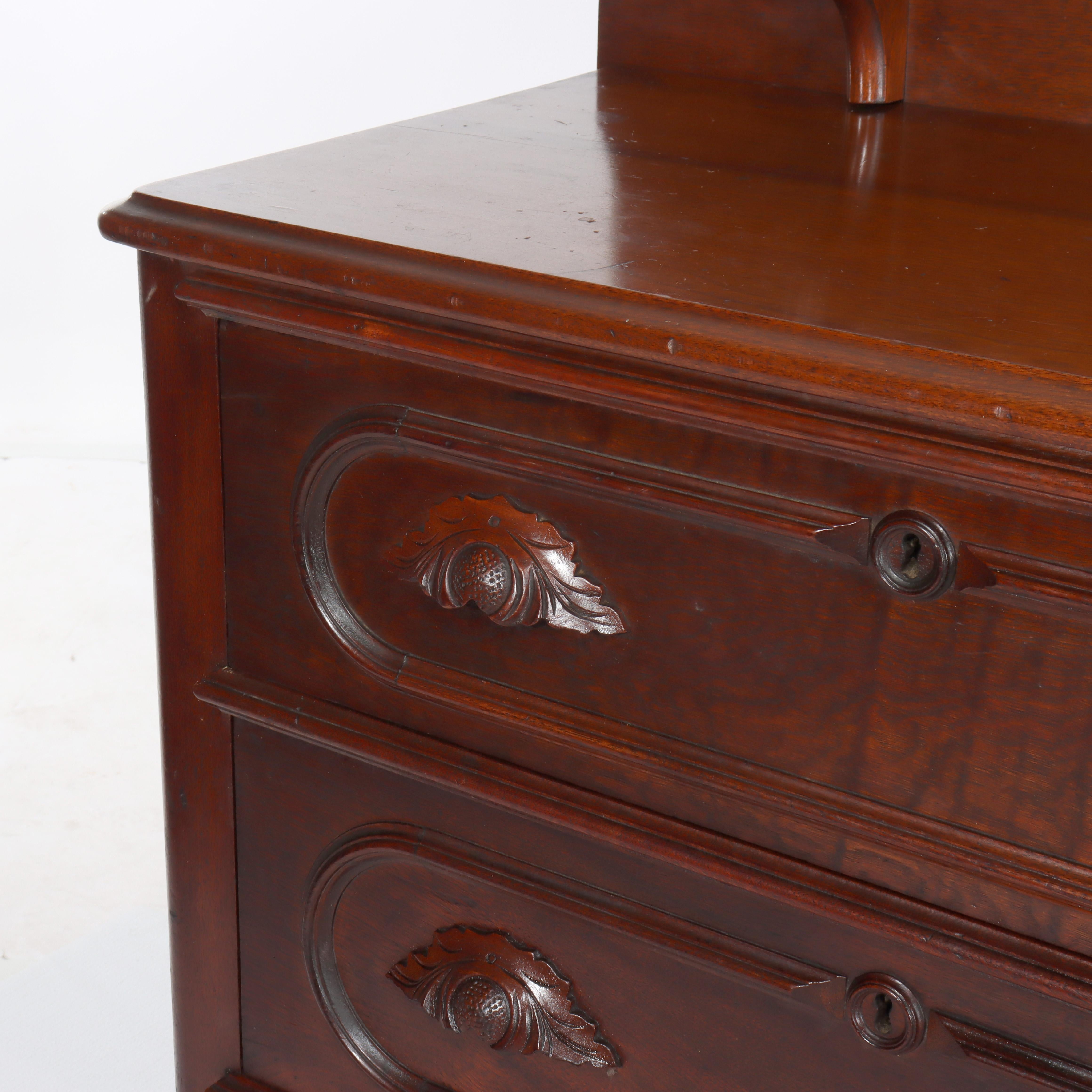 Antique Carved Walnut 3-Drawer Commode With Backsplash & Shelves c1890 In Good Condition For Sale In Big Flats, NY