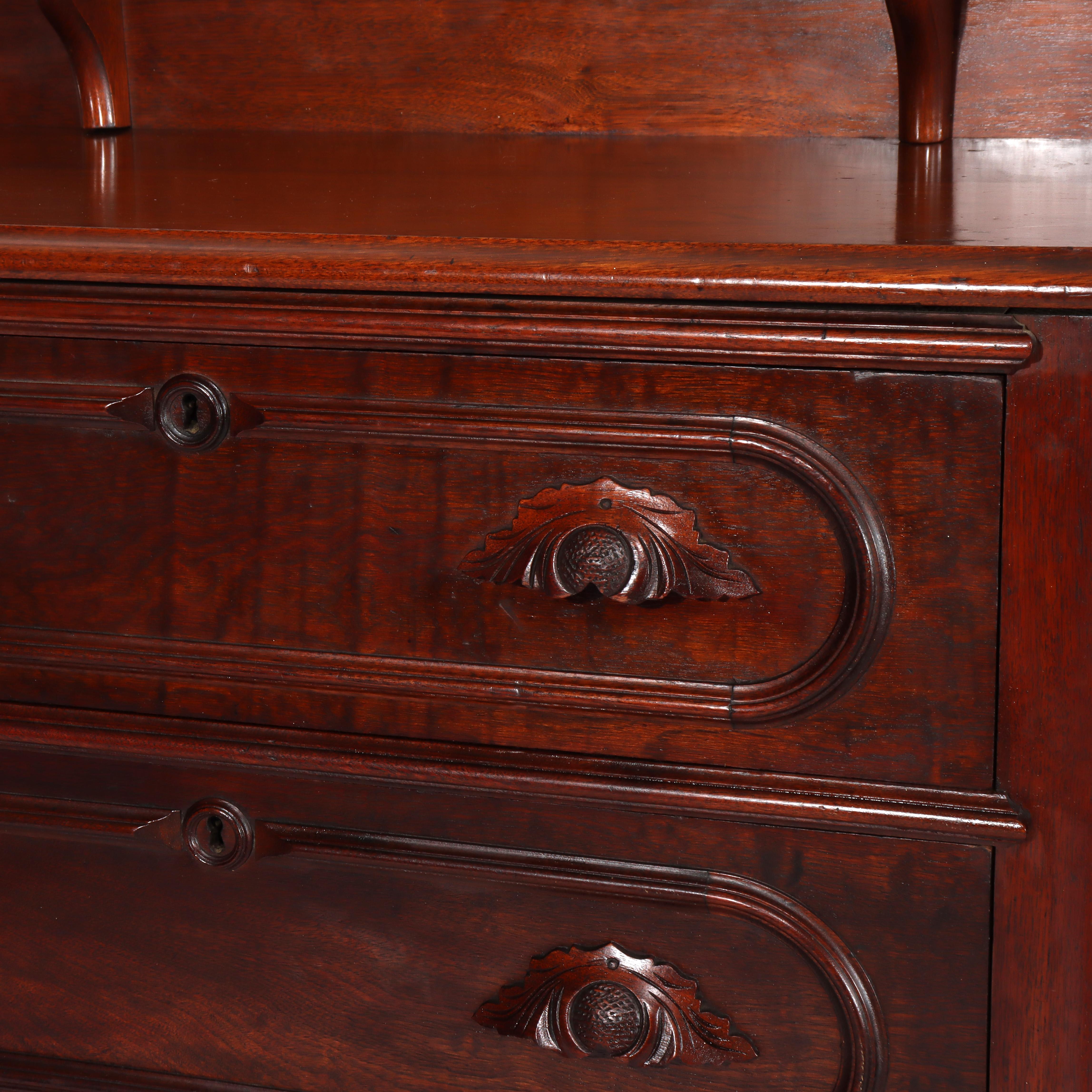 19th Century Antique Carved Walnut 3-Drawer Commode With Backsplash & Shelves c1890 For Sale