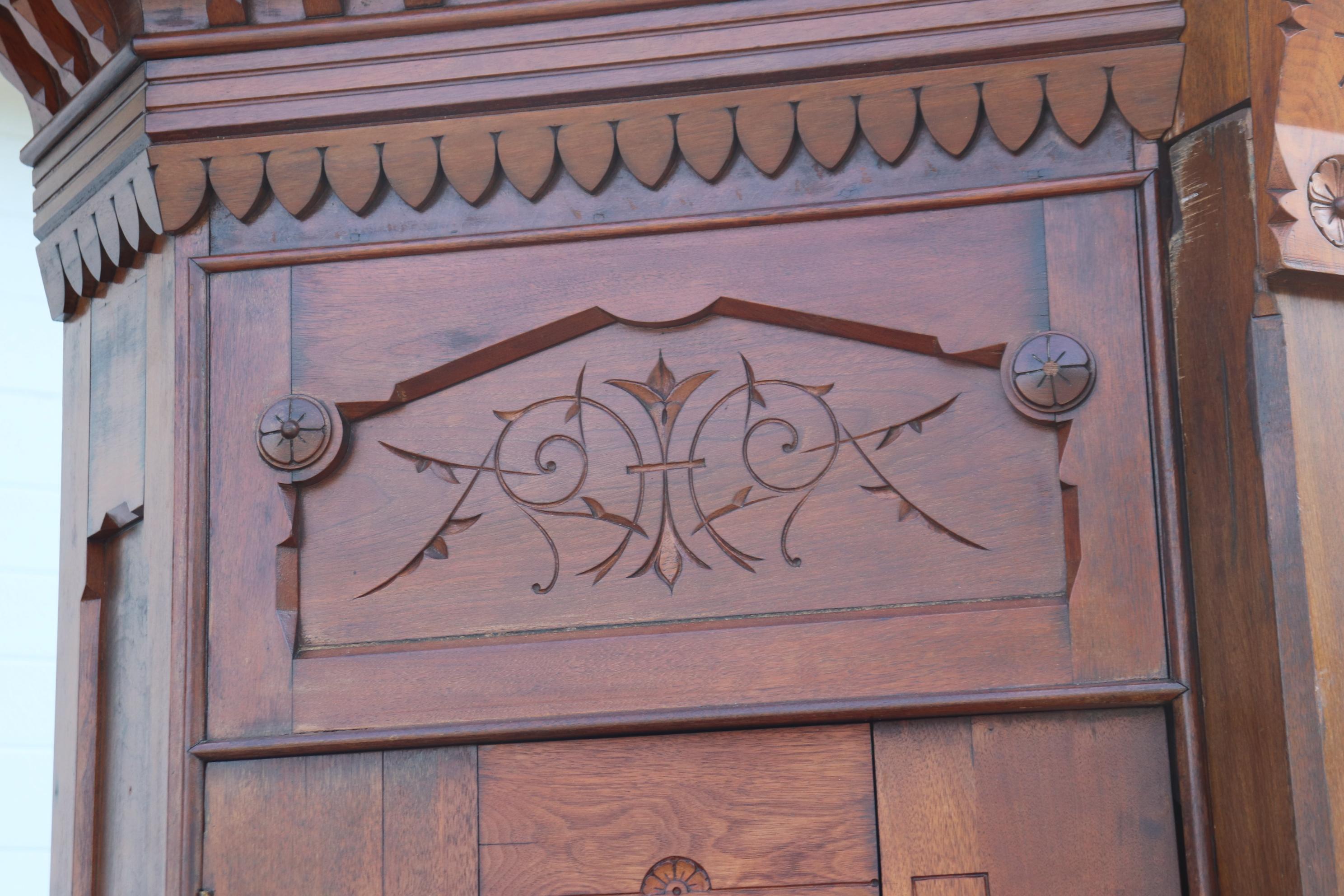 Antique Carved Walnut American Victorian Armoire Attributed to Daniel Pabst For Sale 2
