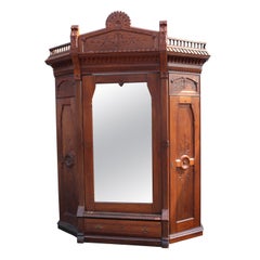 Antique Carved Walnut American Victorian Armoire Attributed to Daniel Pabst