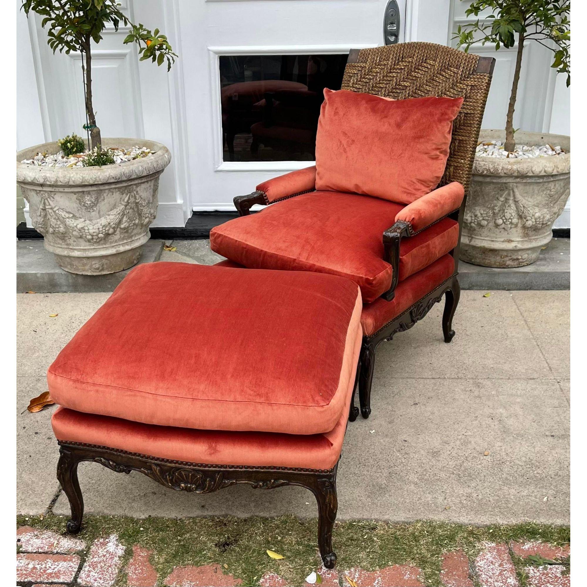 19th Century Antique Carved Walnut Bergere Chair & Ottoman Duchesse Brisee Chaise