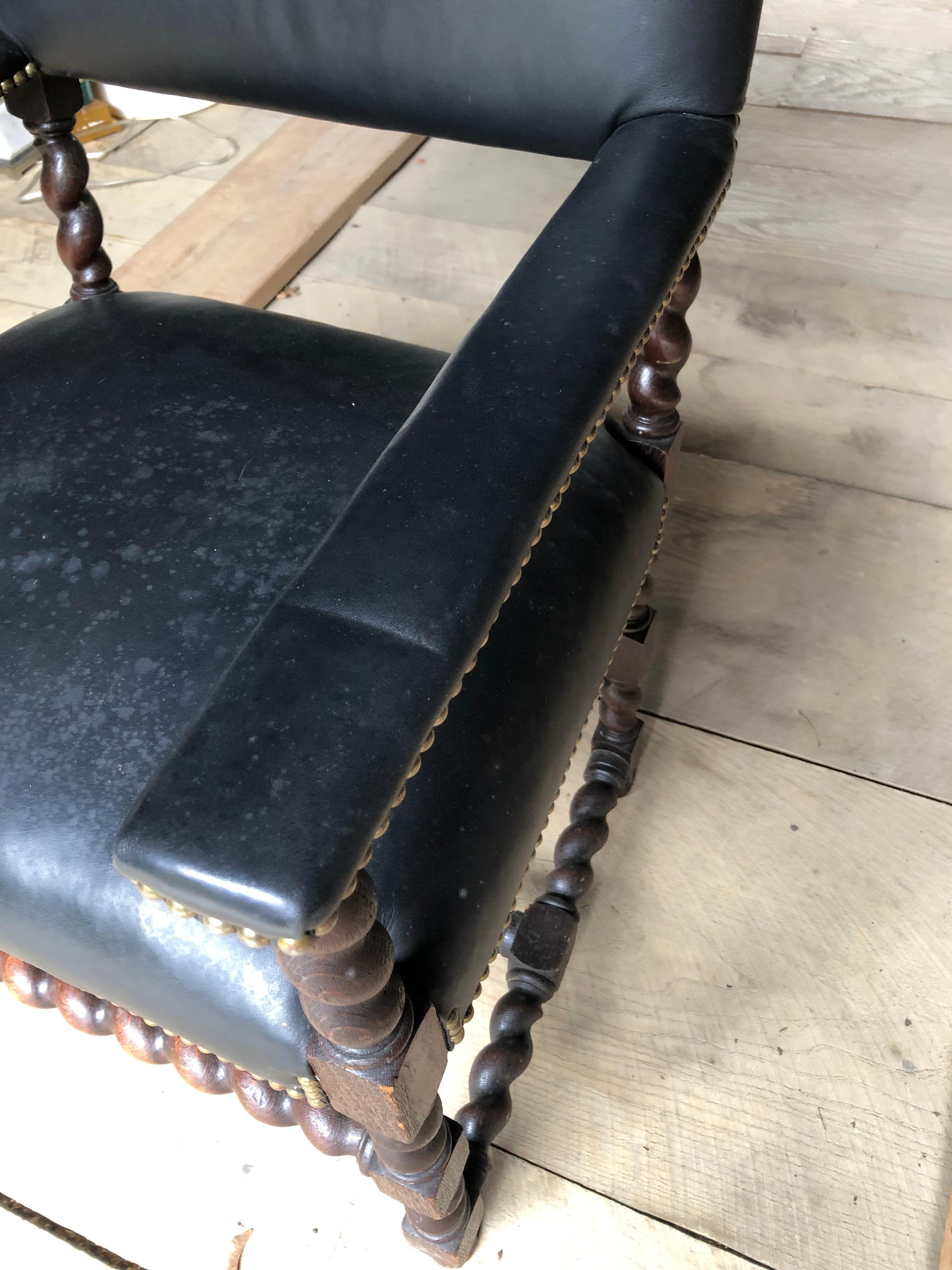 English Antique Carved Walnut & Black Leatherette Barley Twist Armchair  For Sale